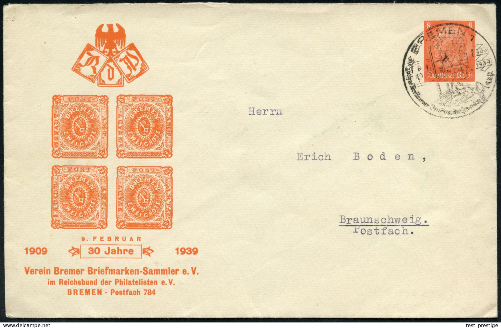 BREMEN 1/ 30 Jahre Verein Bremer Briefm.Sammler 1939 (9.2.) SSt = "Bremer Stadtmusikanten" = Esel, Hund, Katze, Hahn Auf - Schriftsteller