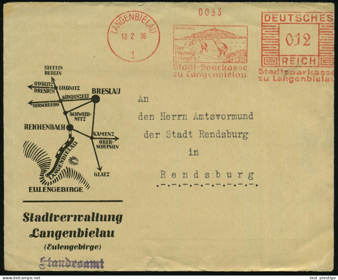 LANGENBIELAU/ 1/ Der/ Pfennig/ Bringt's!/ Stadt-Sparkasse.. 1936 (18.2.) Seltener AFS Francotyp = Zwerge Häufen Pfennige - Schriftsteller