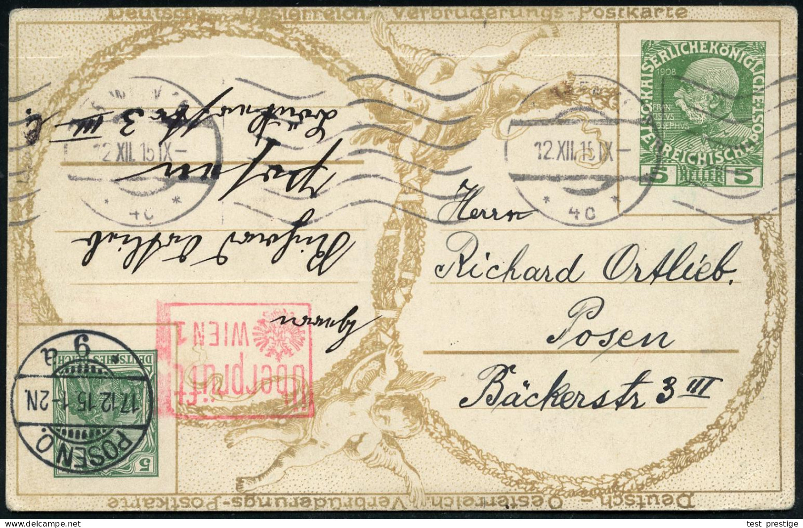 ÖSTERREICH /  DEUTSCHES REICH 1915 (12.12.) PP 5 Pf. Germania + Österreich PP 5 H. Franz Josef, Grün Mit Zweiländer-Wert - Schriftsteller