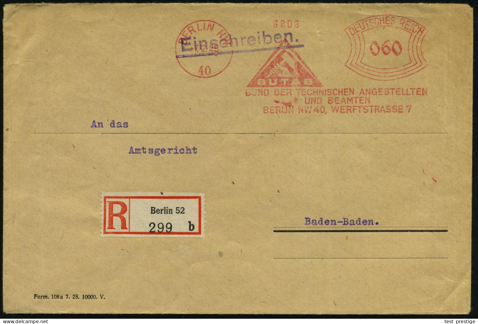 BERLIN NW/ 40/ BUTAB/ BUND DER TECHN.ANGESTELLTEN/ U.BEAMTEN 1929 (7.2.) AFS 060 Pf. = Zirkel (u. Hand Mit Hammer) = Gew - Autres