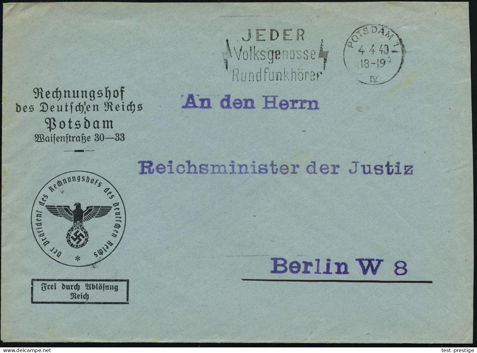 Potsdam 1940 (4.4.) Markenloser Dienst-Bf.: FdAR/Rechnungshof Des Deutschen Reiches (NS-Adler) Fernbf. N. Berlin An Reic - Andere