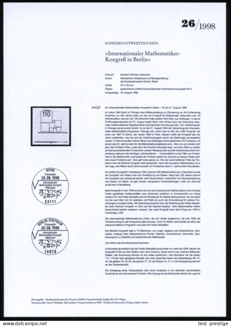 B.R.D. 1998 (Aug.) 110 Pf. "23. Internat. Mathematiker-Kongreß", Berlin Mit Amtl. Handstempel  "M U S T E R" (Zerlegung  - Otros