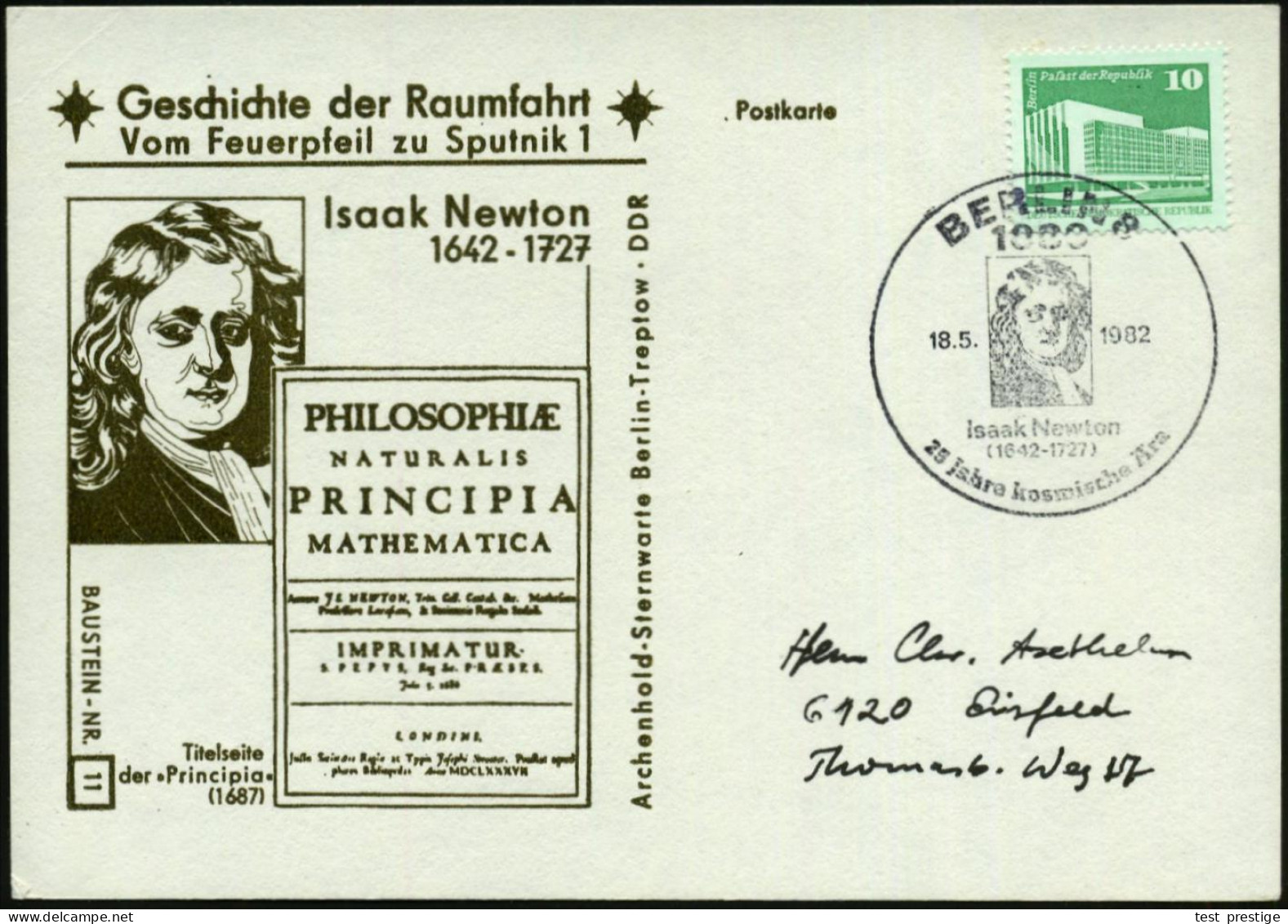 1080 BERLIN 8/ Isaak Newton/ (1642-1727) 1982 (18.5.) SSt = Newton (Brustbild) Auf Sonderkarte: PRINCIPIA MATHEMATICA  - - Other