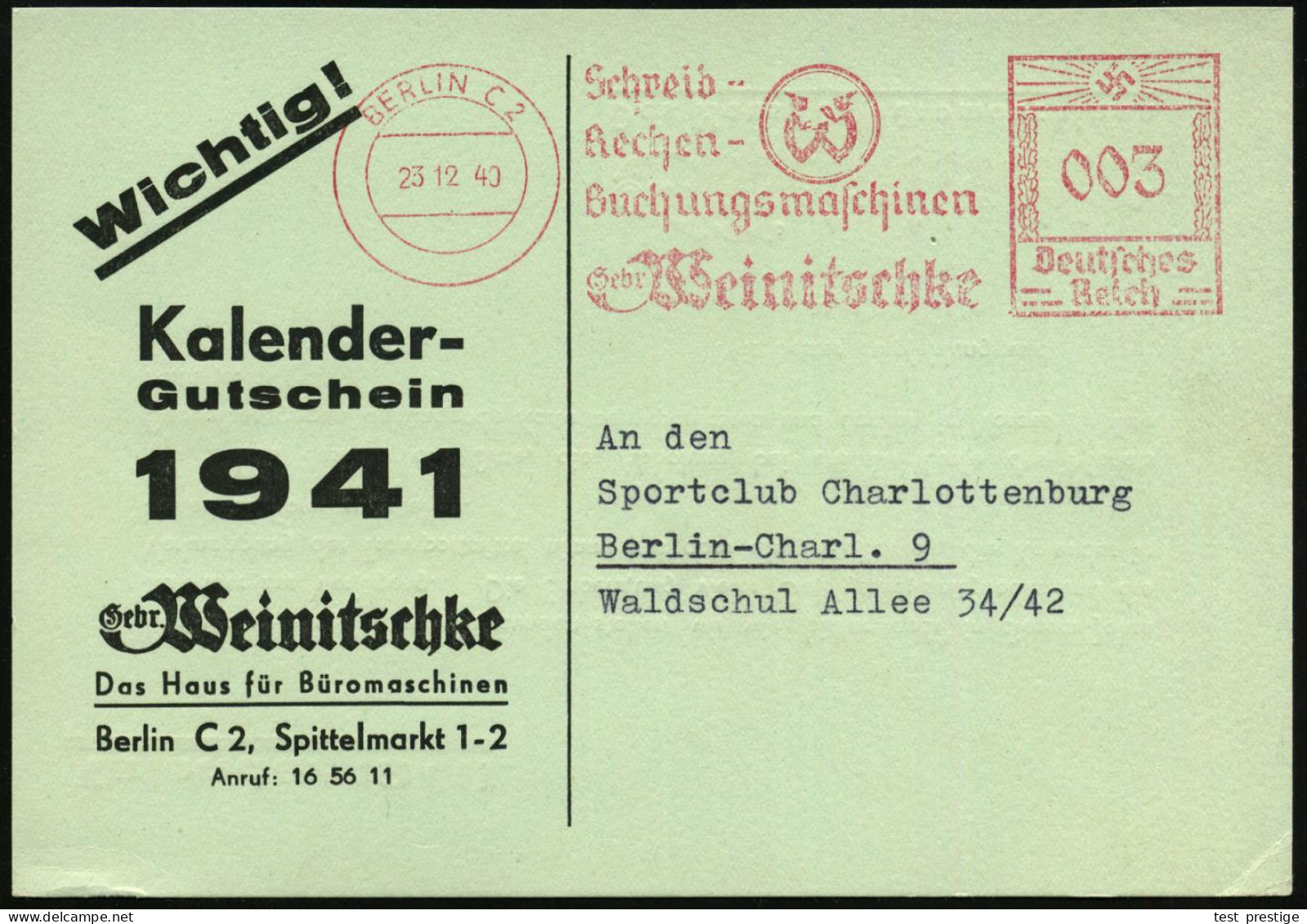 BERLIN C2/ Schreib-/ Rechen-/ Buchungsmaschinen/ Gebr.Weinitschke 1940 (23.12.) AFS Francotyp (Logo) Auf Reklame-Kt. Bet - Informatik