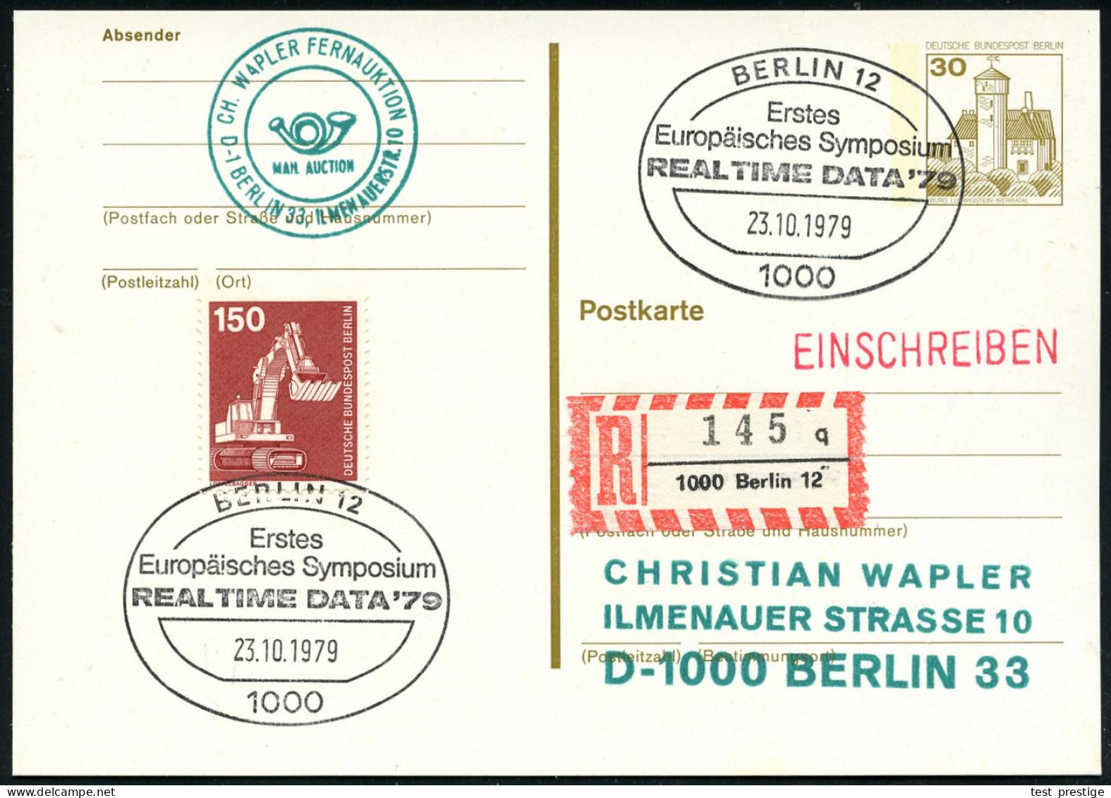 1000 BERLIN 12/ ..Europ.Symposium/ REALTIME DATA'79 1979 (Okt.) SSt 2x + RZ: 1000 Berlin 12/q, Klar Gest. Orts-R-Karte ( - Informática