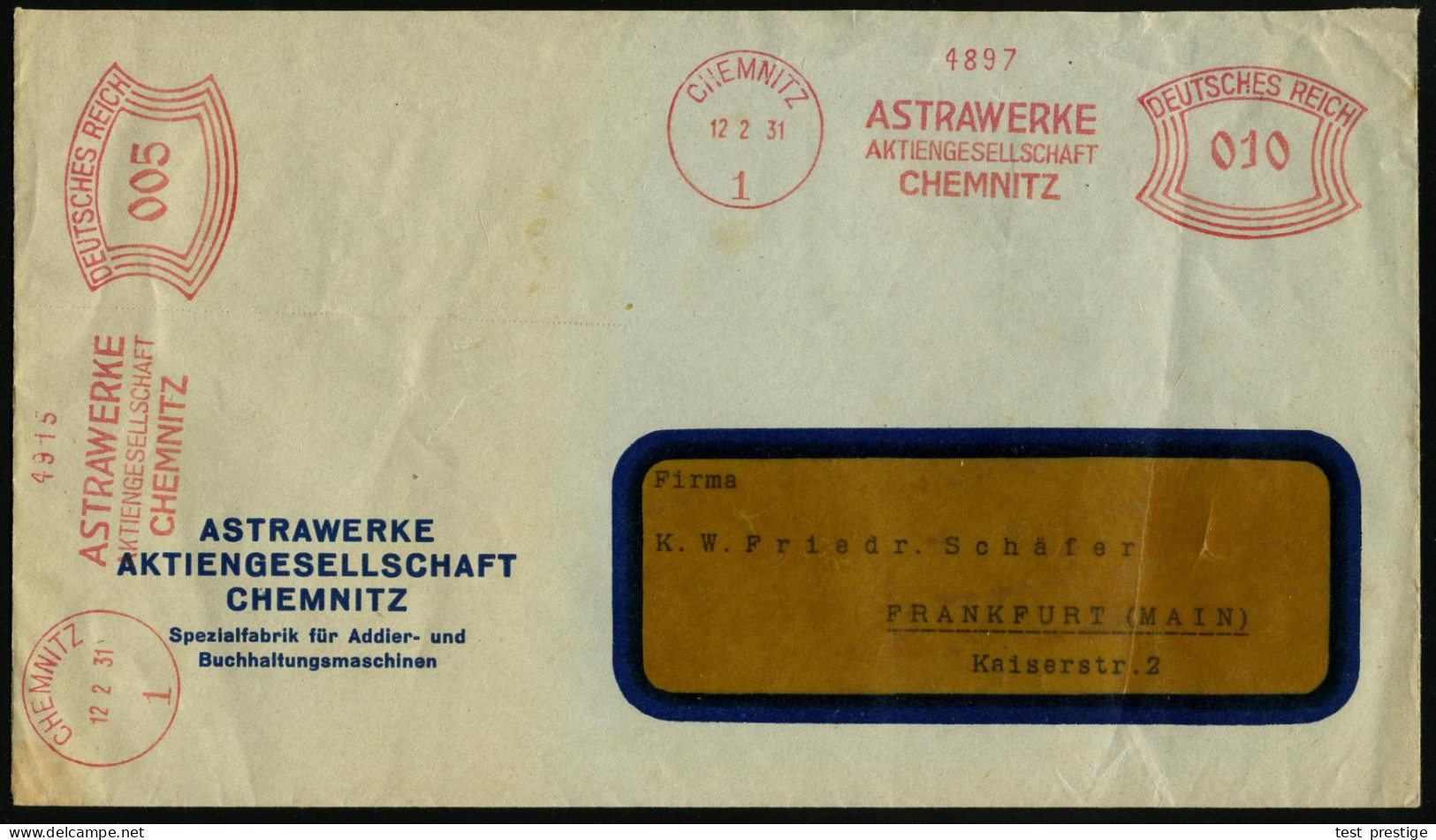 CHEMNITZ/ 1/ ASTRAWERKE/ AG.. 1931 (12.2.) AFS Francotyp 010 Pf. + 005 Pf. (2 Abdrucke) Klar Auf Firmen-Bf.: ASTRAWERKE  - Informática