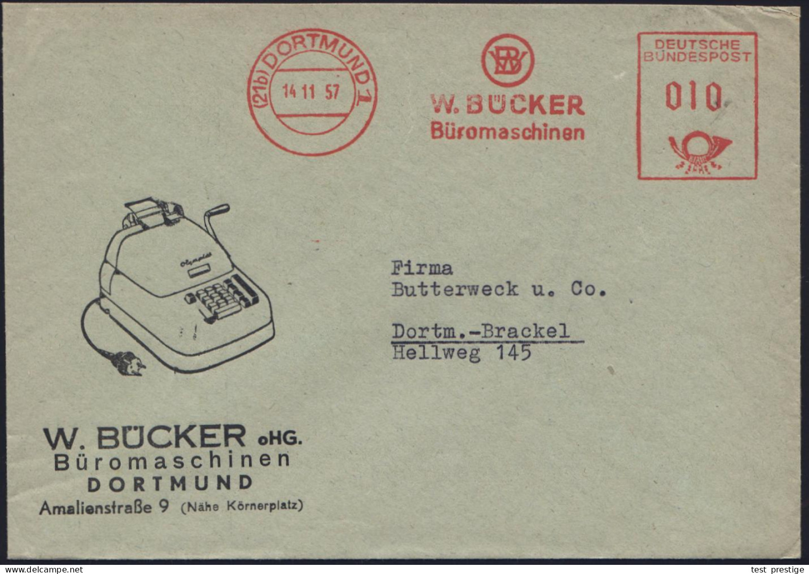 (21b) DORTMUND 1/ W.BÜCKER/ Büromaschinen 1957 (14.11.) AFS , Dekorativer Reklame-Bf: Olympia-Rechenmaschine  (Dü.E-23CG - Informática