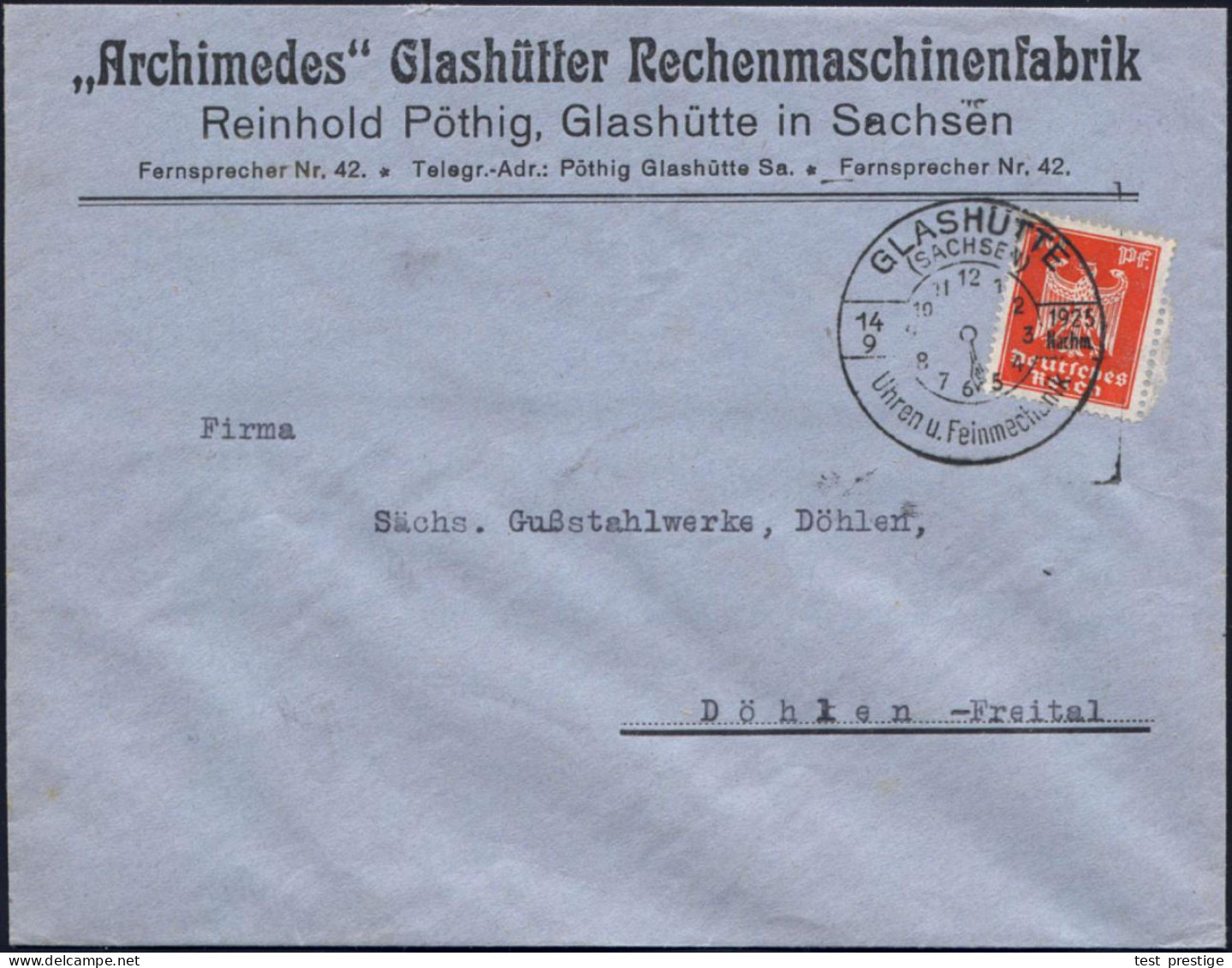 GLASHÜTTE/ (SACHSEN)/ Uhren U.Feinmechanik 1925 (14.9.) HWSt = Zifferblatt (1 - 12) Klar Gest. Firmen-Bf.: "Archimedes"  - Informatique