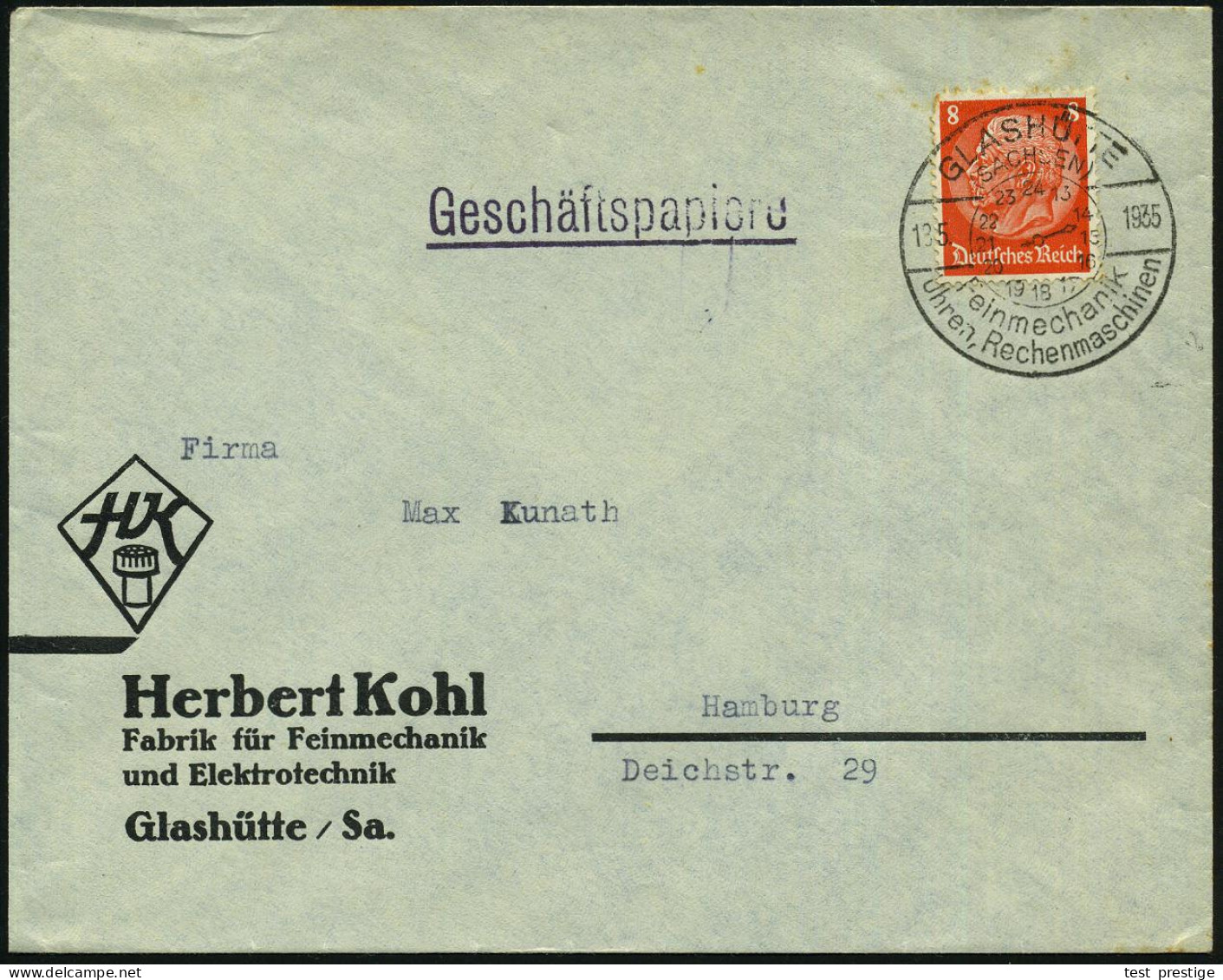 GLASHÜTTE/ (SACHSEN)/ ..Uhren,Rechenmaschinen 1936 (16.11.) HWSt = Zifferblatt "13 - 24" Uhr Klar Auf  Firmen-Bf.: Herbe - Informática