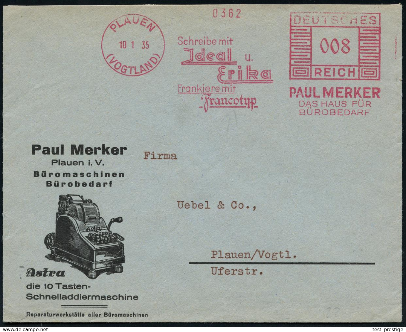 PLAUEN/ (VOGTLAND)/ Schreibe Mit/ Jdeal U./ Erika/ Frankiere Mit/ Francotyp/ / PAUL MERKER.. 1933 (10.1.) AFS Francotyp  - Informatique