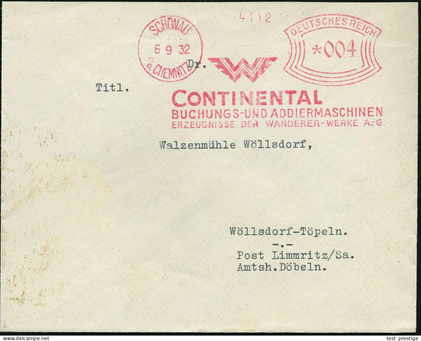 SCHÖNAU/ B.CHEMNITZ/ W/ CONTINENTAL/ BUCHUNGS- U.ADDIERMASCHINEN 1932 (6.9.) AFS Francotyp (Logo "W" = Wanderer-Werke) K - Informatique