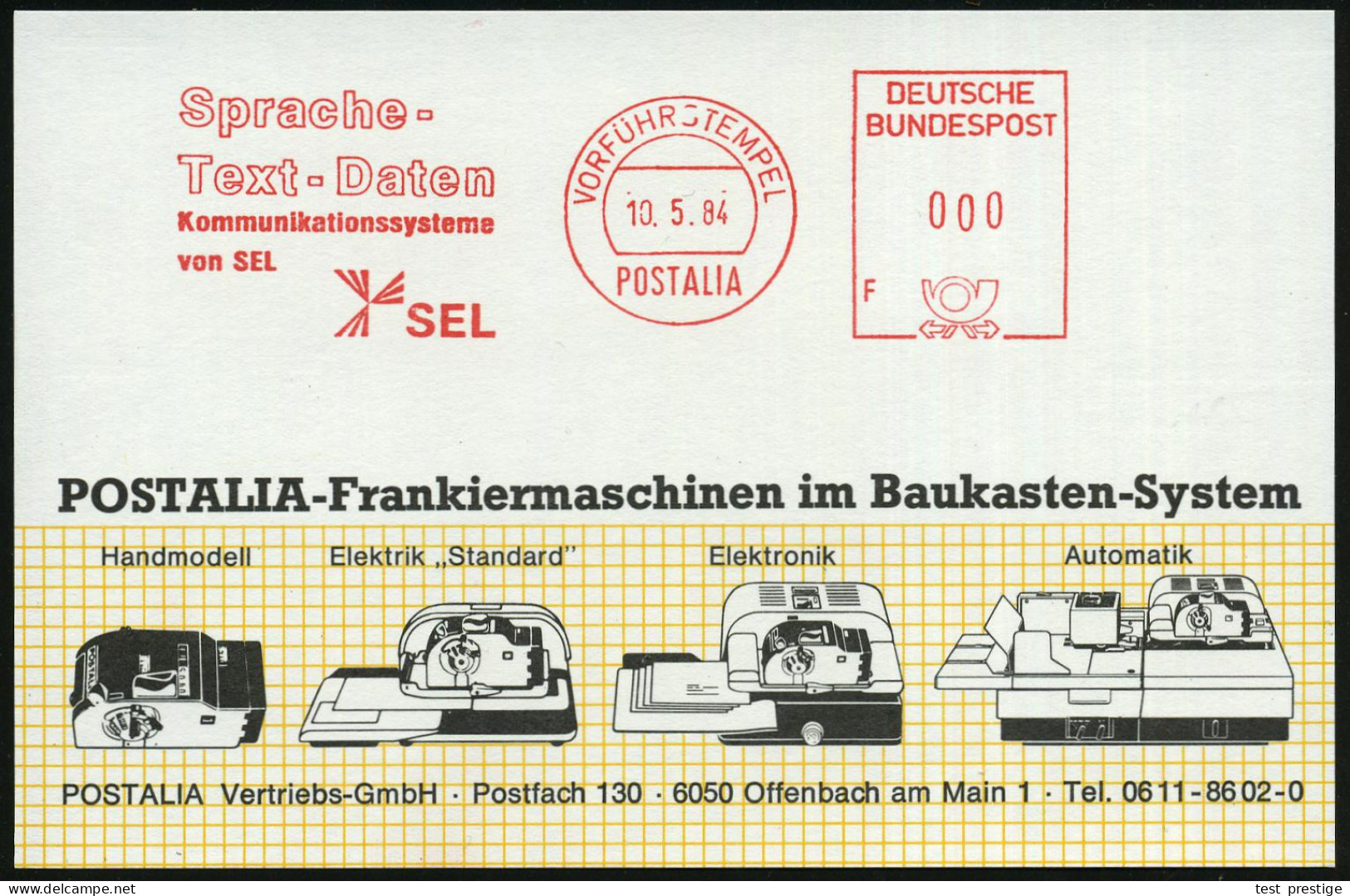 Stuttgart-Zuffenhausen 1984 (Mai) AFS: VORFÜHRSTEMPEL/POSTALIA/Sprache-/Text-Daten/Kommunikationssysteme/von SEL (Logo = - Informatik