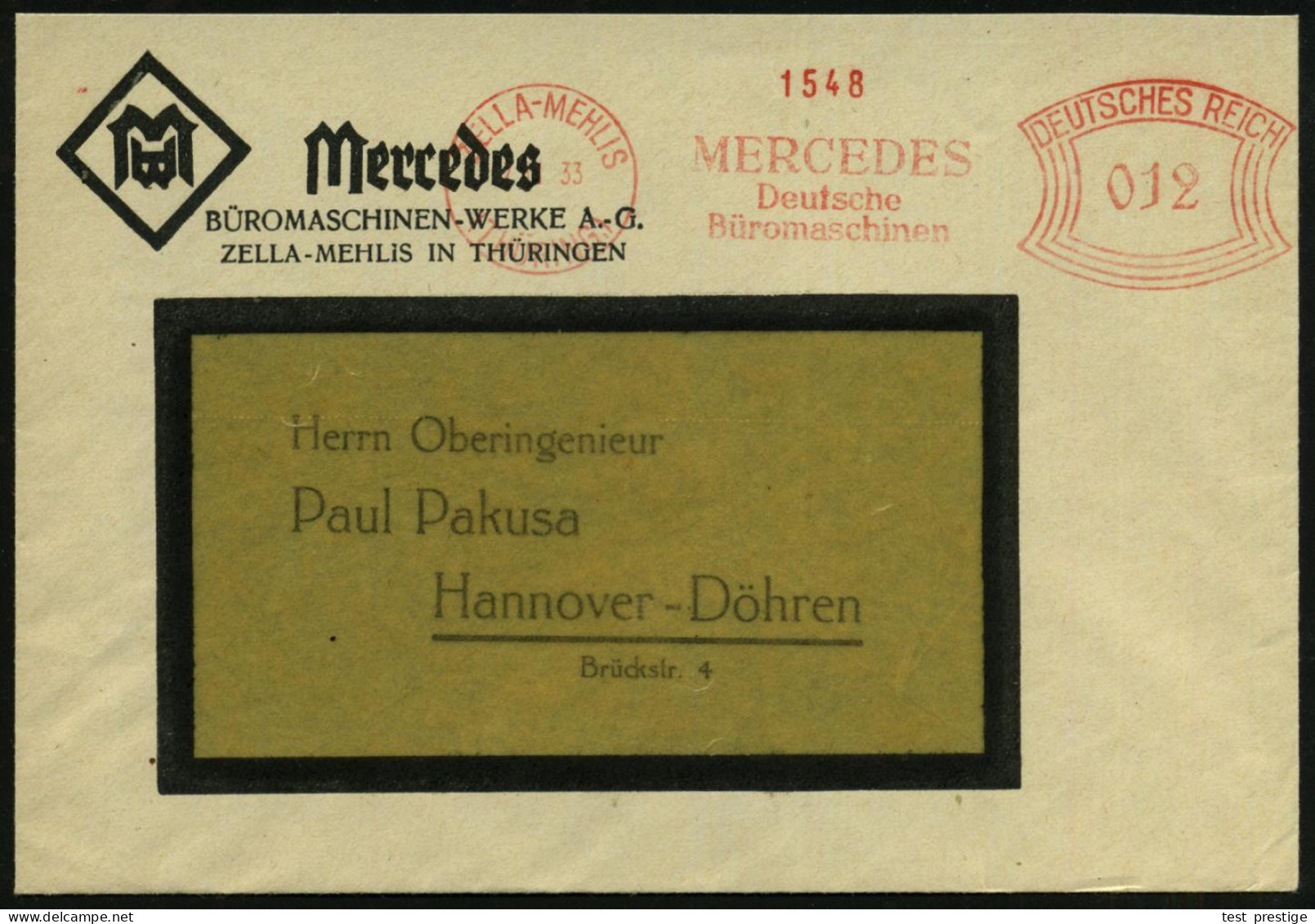 ZELLA-MEHLIS/ (THÜRING:)/ MERCEDES/ Deutsche/ Büromaschinen 1933 (2.11.) AFS  Francotyp Auf Firmen-Bf.: Mercedes BÜROMAS - Informatique