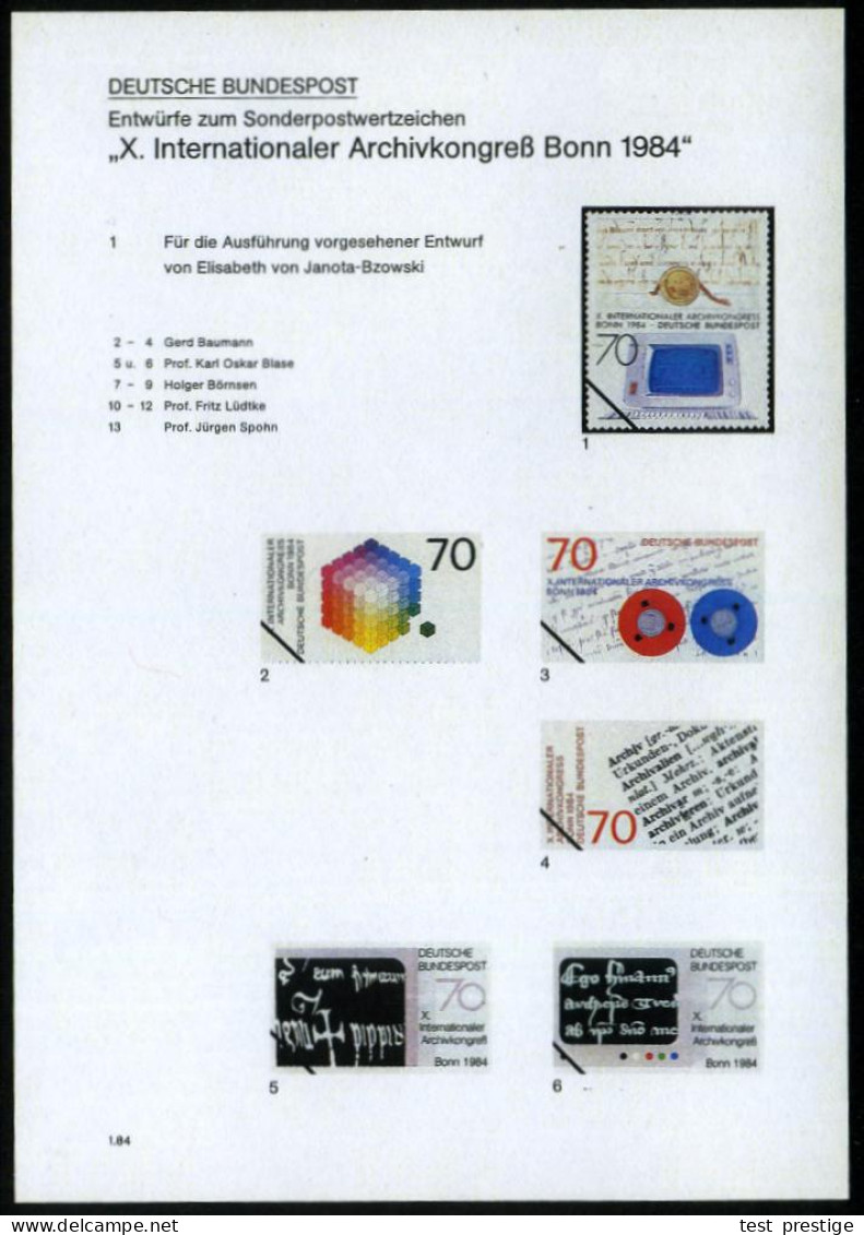B.R.D. 1984 (Jan.) 70 Pf. "X. Internat. Archivkongreß Bonn", 13 Verschied. Color-Entwürfe D. Bundesdruckerei Auf 2 Entwu - Informatique