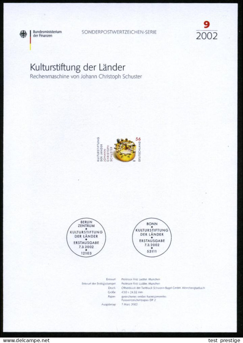 B.R.D. 2002 (März) 56 C. "Rechenmaschine Von Johann Christoph Schuster" (ca. 1820) Mit Amtl. Handstempel  "M U S T E R"  - Informática