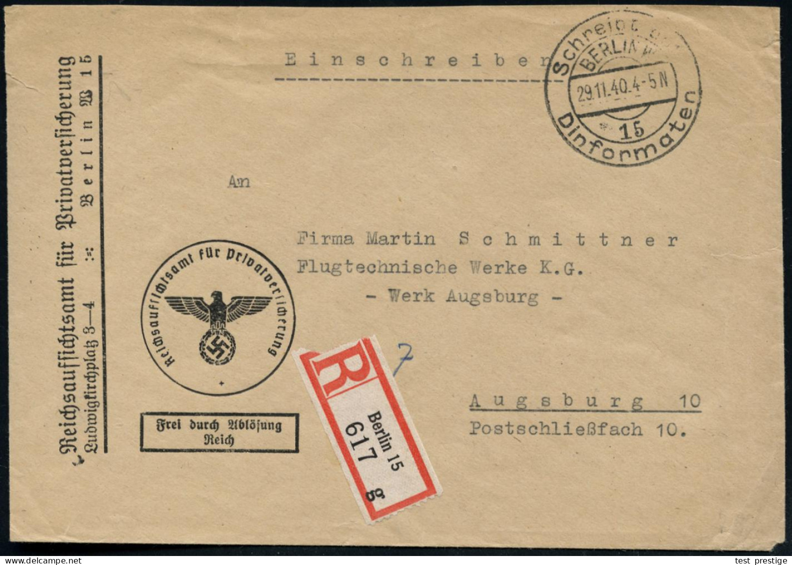 BERLIN W/ 15/ Schreibt Auf/ Dinformaten 1940 (29.11.) HWSt + RZ: Berlin 15/g (links Etw. Verkürzter) Markenloser Dienst- - Otros