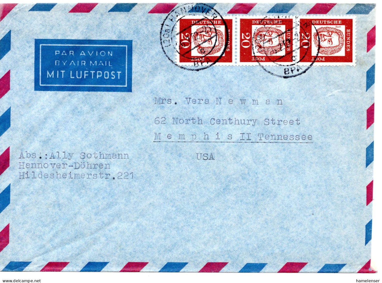 69778 - Bund - 1962 - 3@20Pfg Bach A LpBf HANNOVER -> Memphis, TN (USA) - Briefe U. Dokumente