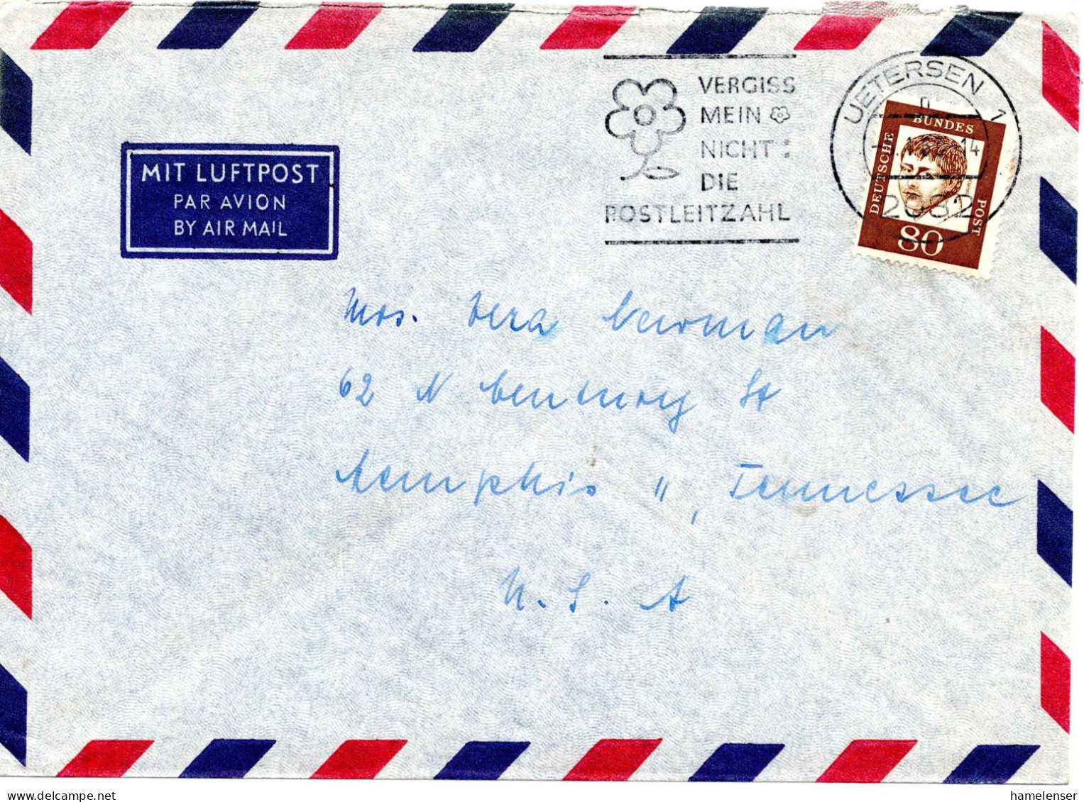 69780 - Bund - 1963 - 80Pfg Kleist EF A LpBf UETERSEN - ... -> Memphis, TN (USA) - Briefe U. Dokumente