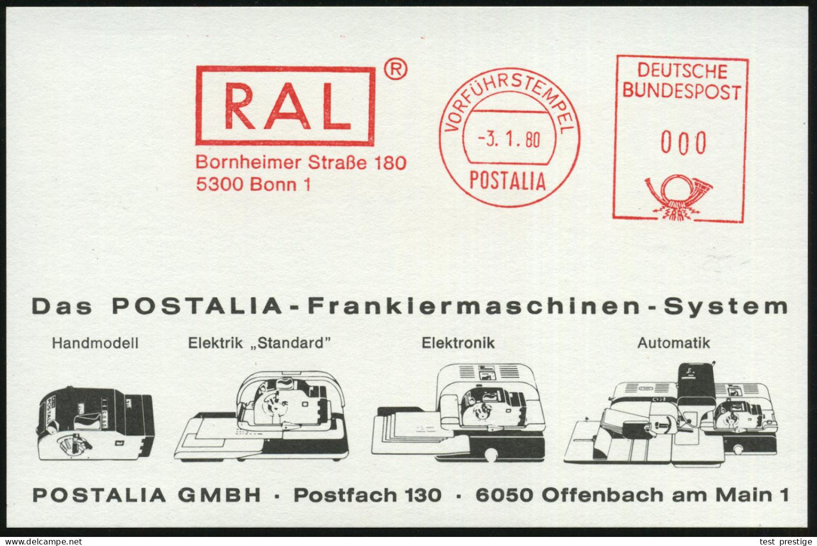 5300 Bonn 1 1980 (3.1.) AFS: VORFÜHRSTEMPEL/POSTALIA/ R A L (= Normausschuß Gegr.1927) Seltene Postalia- Musterkt.  (= S - Otros