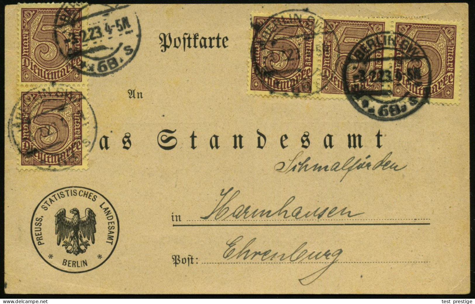 BERLIN SW/ *68r 1923 (3.2.) 1K-Brücje 4x Auf Dienst 5.- Mk, Reine MeF (5x) Auf Dienst-Kt: PREUSS.STATIST. LANDESAMT = Ma - Autres