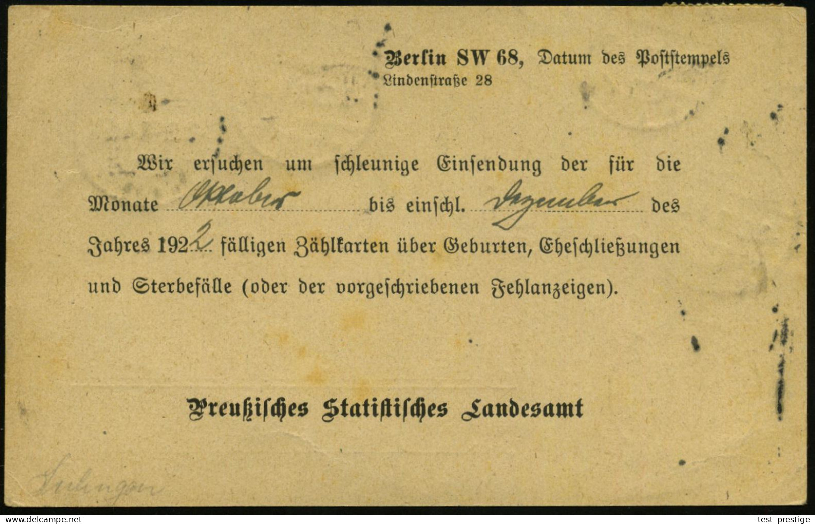 BERLIN SW/ *68r 1923 (3.2.) 1K-Brücje 4x Auf Dienst 5.- Mk, Reine MeF (5x) Auf Dienst-Kt: PREUSS.STATIST. LANDESAMT = Ma - Otros