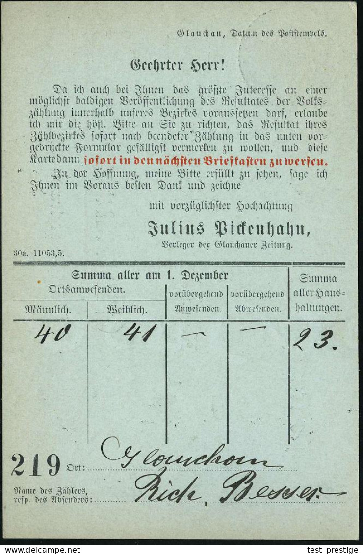 GLAUCHAU/ *1i 1905 (2.12.) 1K-Gitter Auf Amtl. Orts-P 2 Pf. Germania , Vs./rs. Zudruck: J. Pickenhahn.. V O L K S Z ä H  - Sonstige