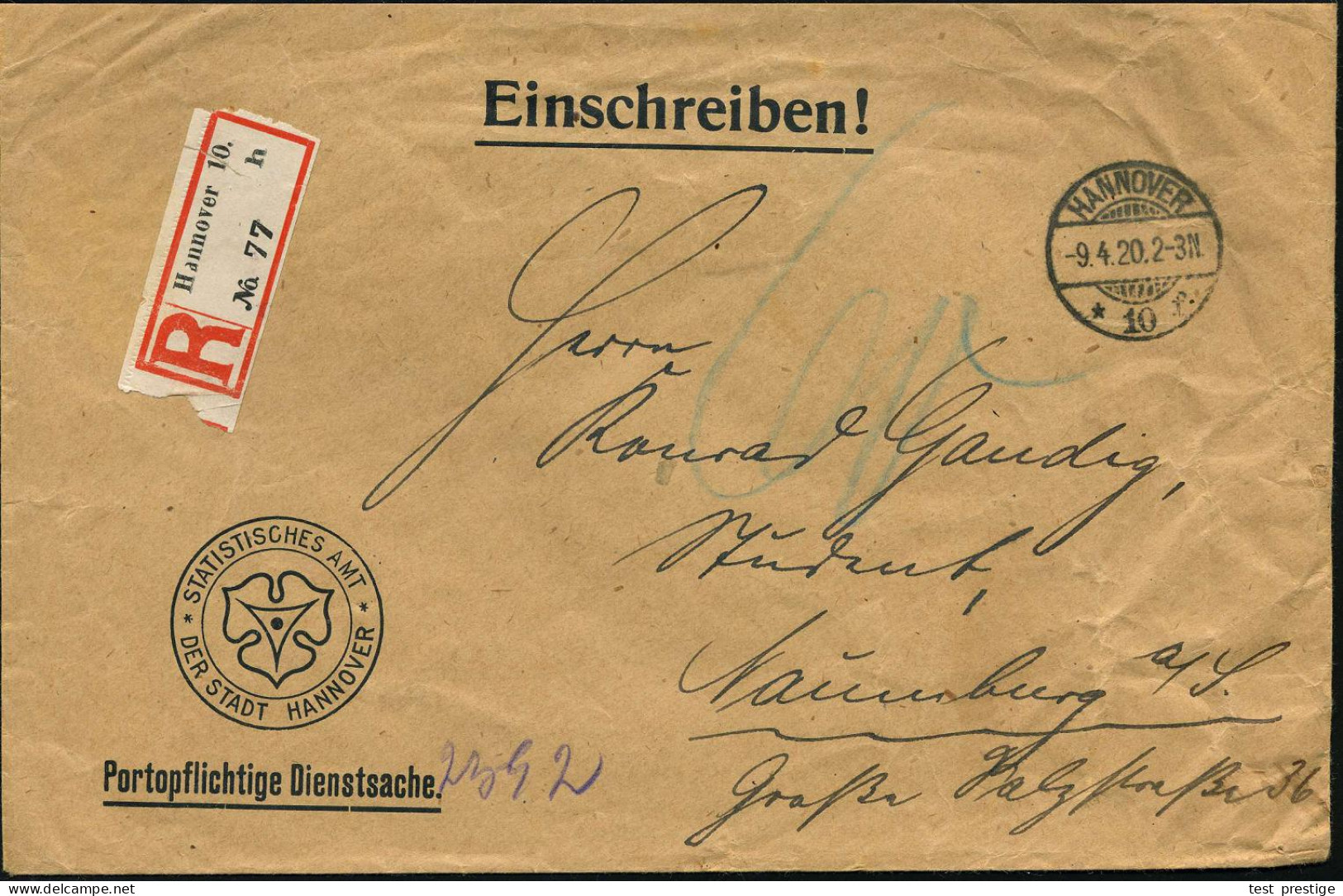 HANNOVER/ *10f 1920 (9.4.) 1K-Gitter + Durchst. RZ: Hannover 10/h (RZ Riß) Dekorat., Unfrankierter Infla-Dienst-Bf.: STA - Sonstige