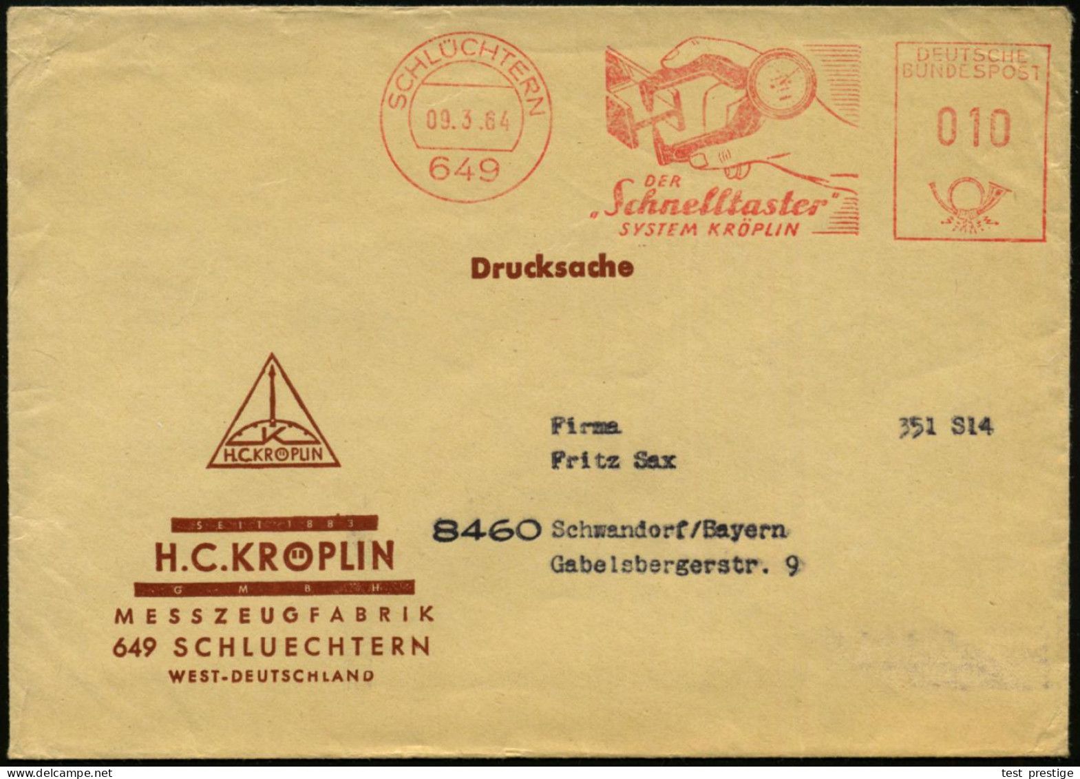 (16) SCHLÜCHTERN/ DER "Schnelltaster"/ SYSTEM KRÖPELIN 1964 (9.3.) AFS = Feinmeßgerät (für Material-Durchmesser), Dekora - Other