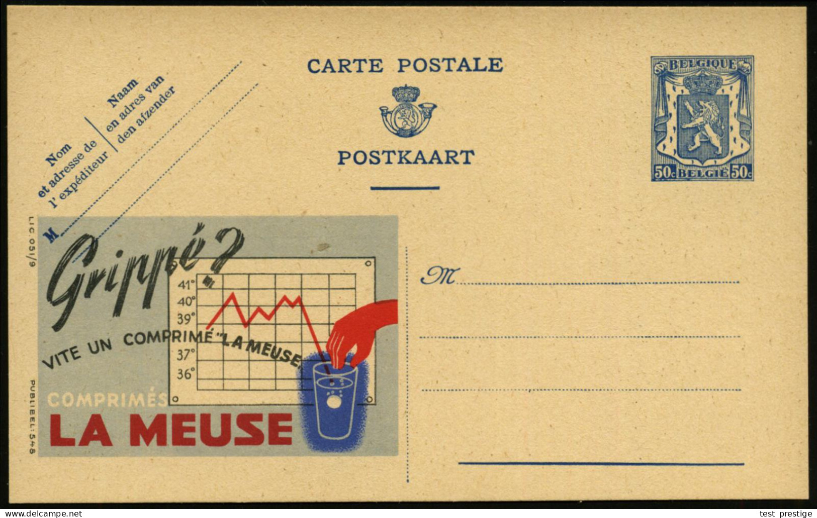 BELGIEN 1941 50 C. Reklame-P. Wappenlöwe, Blau: Grippé ?..LA MEUSE = Fieber - M E S S B L A T T (mit Fieberkurve Etc) Un - Other