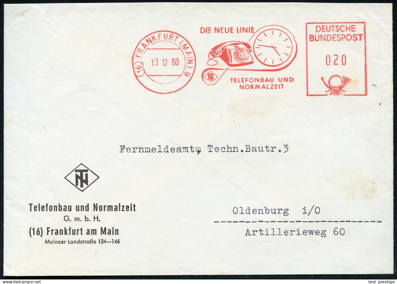 (16) FRANKFURT (MAIN) 9/ DIE NEUE LINIE/ TN/ TELEFONBAU UND/ NORMALZEIT 1960 (13.12.) AFS Postalia = Uhr U. Telefon , Kl - Clocks