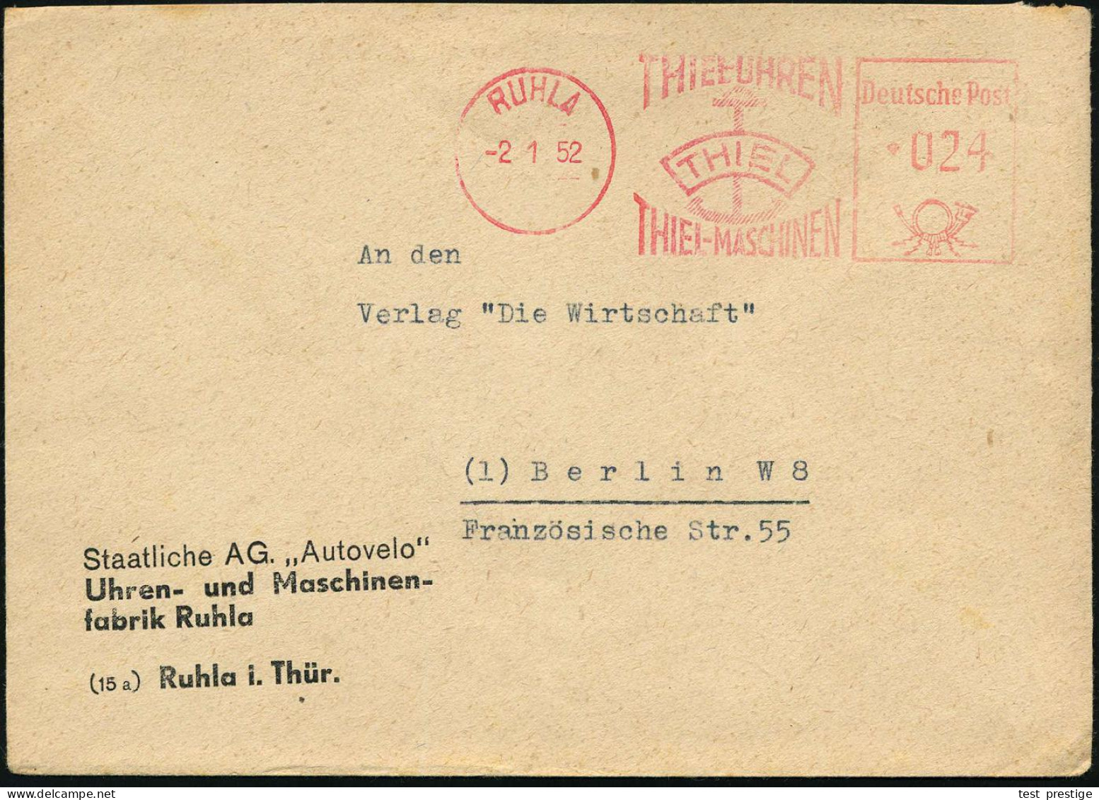 RUHLA/ THIEL-UHREN/ THIEL-MASCHINEN 1952 (2.1.) AFS Francotyp (altes Firmenlogo: Anker) Firmen-Bf.: Staatliche Sowjet.-A - Clocks