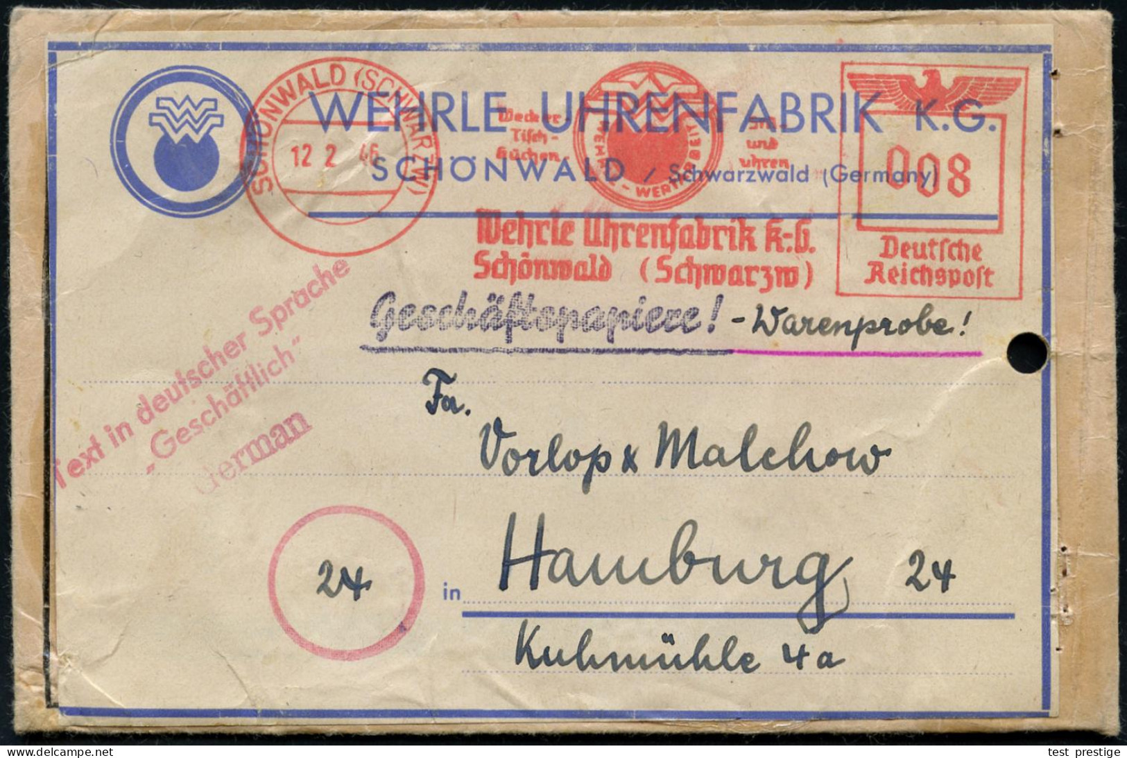 SCHÖNWALD (SCHWARZW)/ Wecker/ Tisch-u./ Küchenuhren/ Wehrle Uhrenfabrik K.-G... 1946 (12.2.) AFS Francotyp "Reichsadler" - Horlogerie