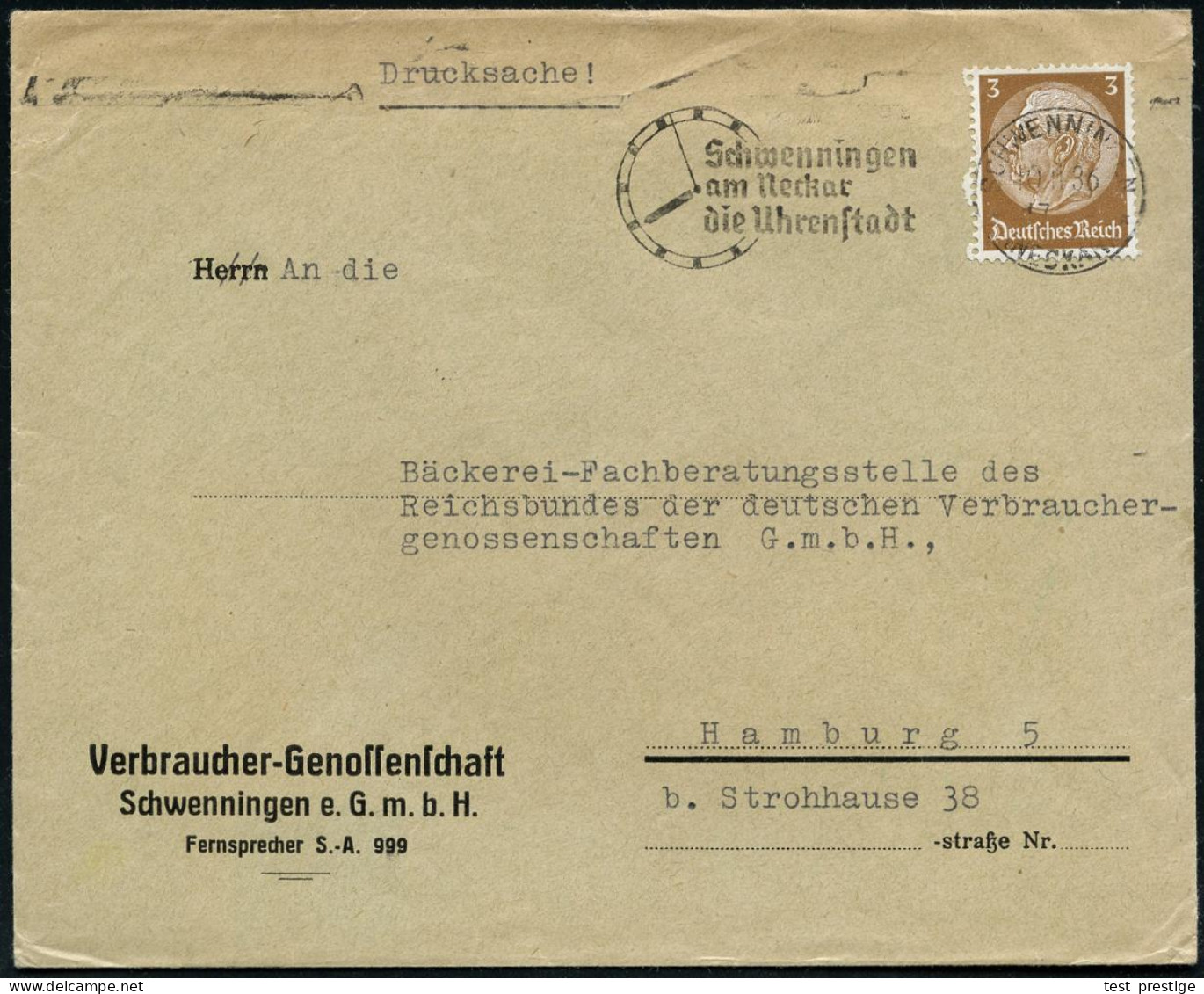 SCHWENNINGEN/ *(NECKAR)*/ Die Uhrenstadt 1936 (10.11.) MWSt = Zifferblatt , Klar Gest. Firmenbf.: Verbraucher-Genossensc - Relojería