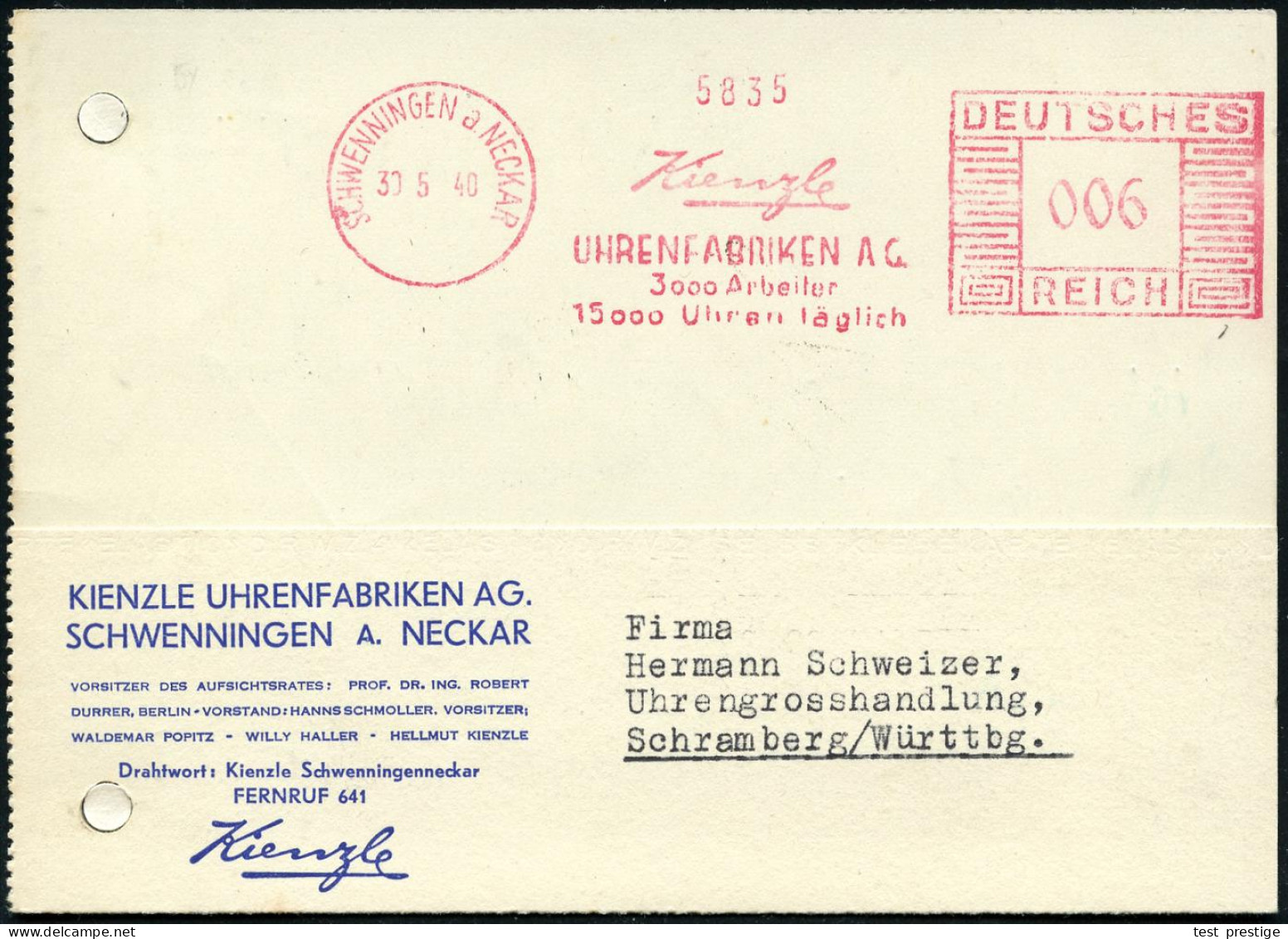 SCHWENNINGEN A NECKAR/ Kienzle/ UHRENFABRIKEN AG/ 3000 Arbeiter/ 15000 Uhren Täglich 1940 (30.5.) AFS Francotyp Klar Auf - Horlogerie