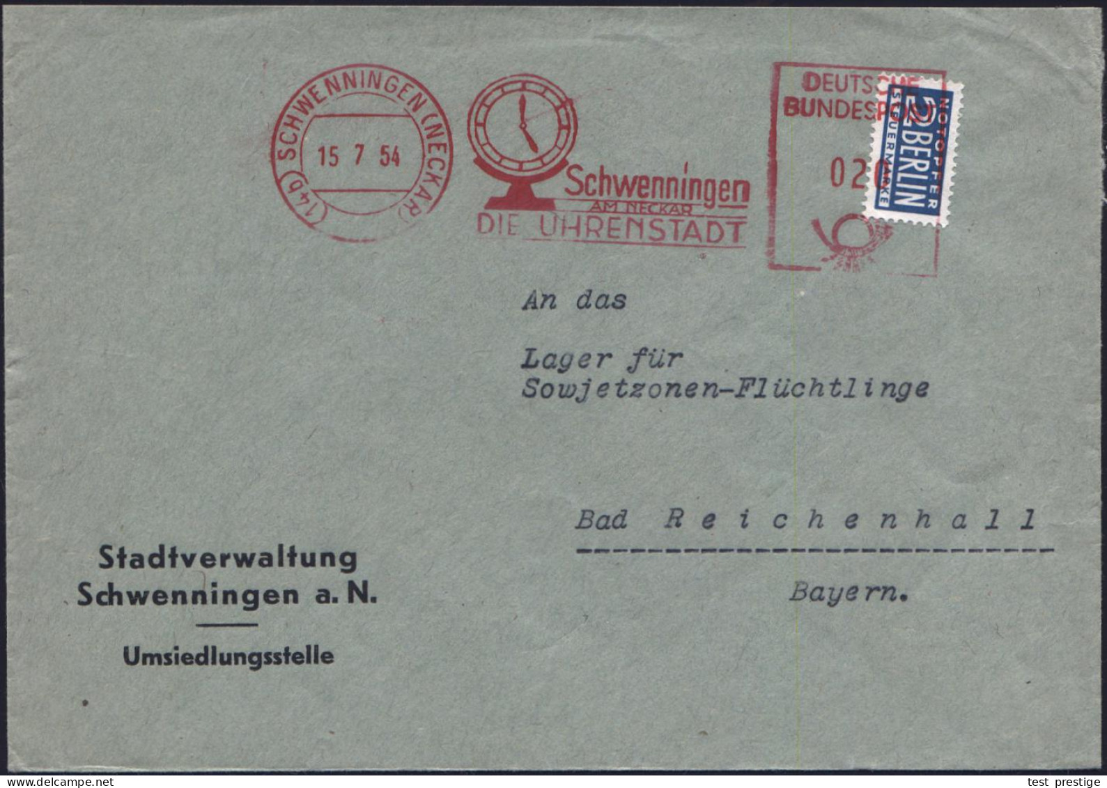 (14b) SCHWENNINGEN (NECKAR)/ DIE UHRENSTADT 1954 (15.7.) AFS Postalia = Standuhr Auf 2 Pf. NoB (= VE) Kommunal-Bf.: Stad - Relojería