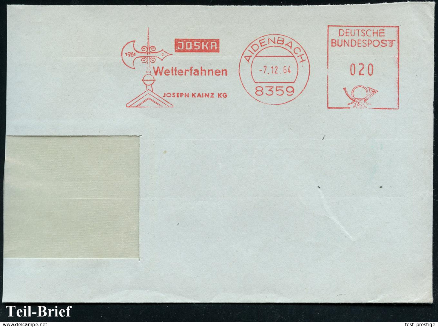 8359 AIDENBACH/ JOSKA/ Wetterfahnen.. 1964 (7.12.) AFS Postalia = Wetterfahne , Klar Gest. Teil-Bf., Seltenes Motiv!  (D - Klima & Meteorologie