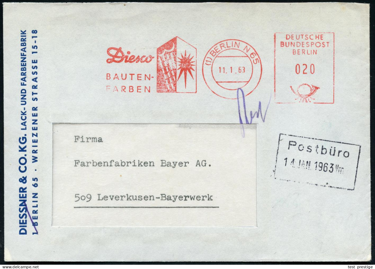 (1) BERLIN N65/ Diesco/ BAUTEN-/ FARBEN 1963 (2.1.) AFS Postalia = Regenwolke U. Sonne (auf Hauswand) Klar Gest. Firmen- - Climat & Météorologie