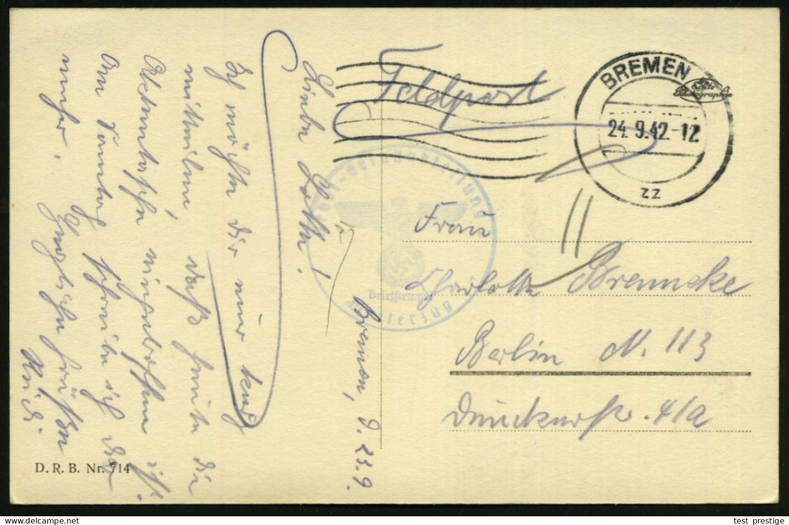 BREMEN 5/ Zz 1942 (24.9.) MaWellenSt + Blauer 1K-HdN: Nebel-Ersatzabt./ Wetterzug = Chem. Truppe Zur Ausführung Künstl.  - Climate & Meteorology