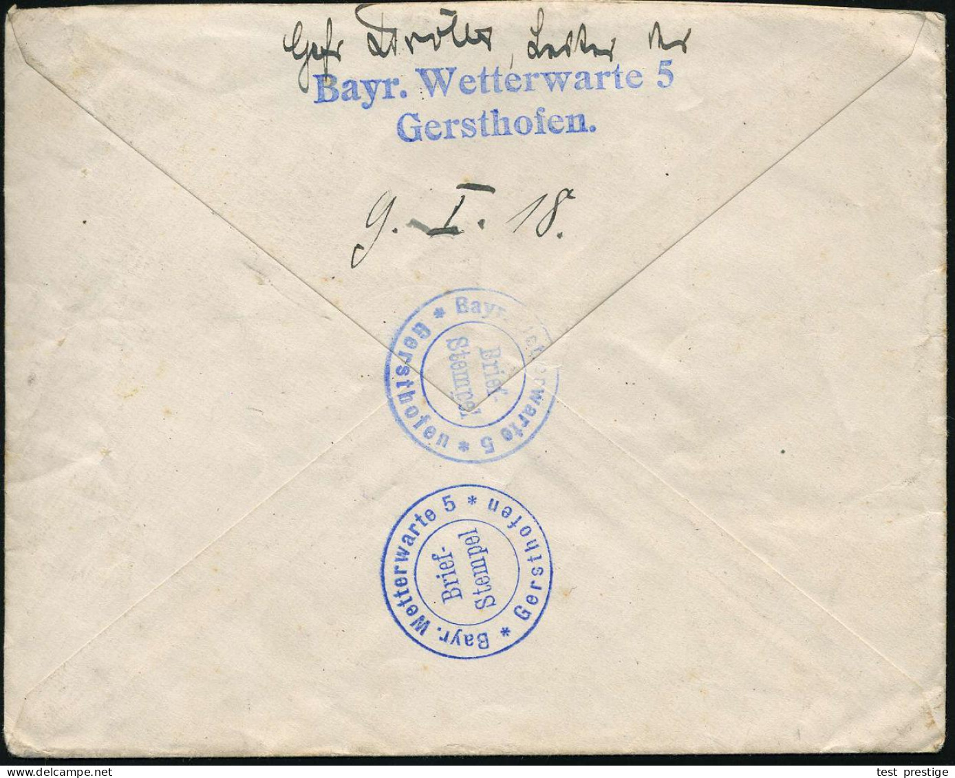 GERSTHOFEN 1918 (9.6.) Bayer. 2K + Viol. 2K-HdN: Bayr. Wetterwarte 5/ Gersthofen (desgl. 2x Rs.) + Rs. 2L, Klar Gest Fel - Climate & Meteorology