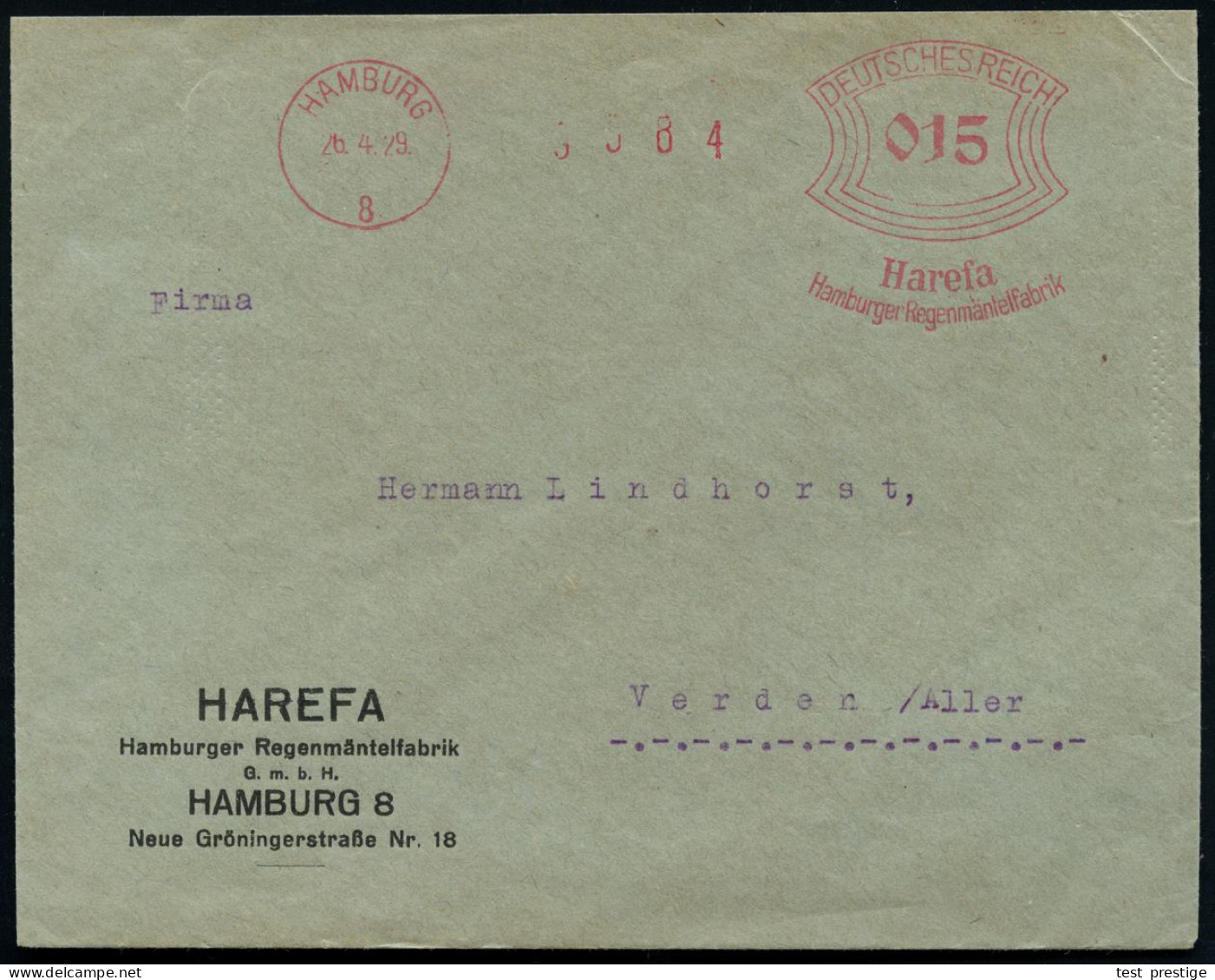 HAMBURG/ 8/ Harefa/ Hamburger Regenmäntelfabrik 1927 (21.5.) AFS Francotyp "Bogenrechteck" Auf Firmen-Bf.: HAREFA, Hambu - Clima & Meteorología