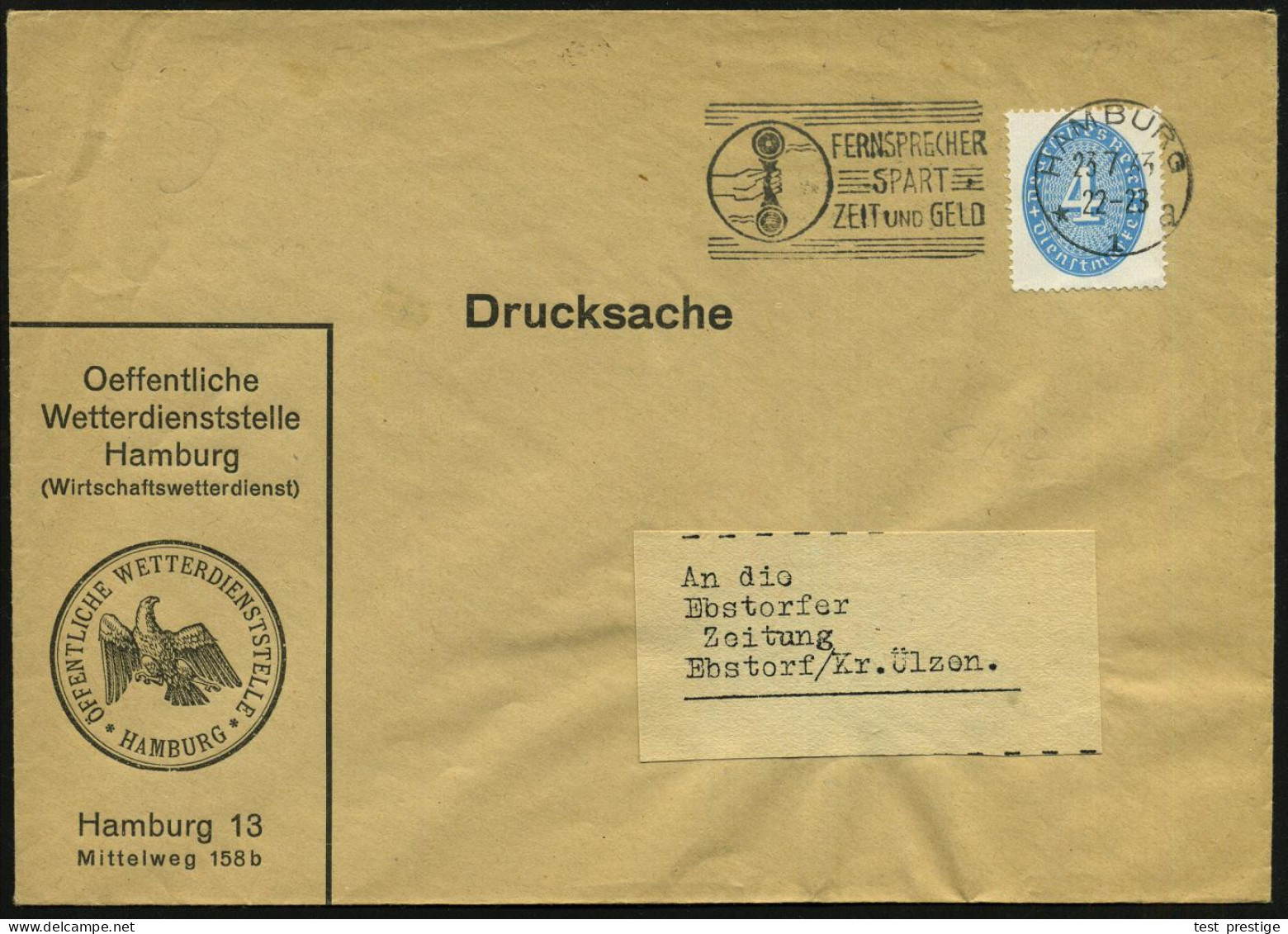 Hamburg 1933 (23.7.) Dienst-Bf: Oeffentl. Wetterdienststelle/ (Wirtschaftswetterdienst)/..Hamburg 13 (preuss. Wappenadle - Climat & Météorologie