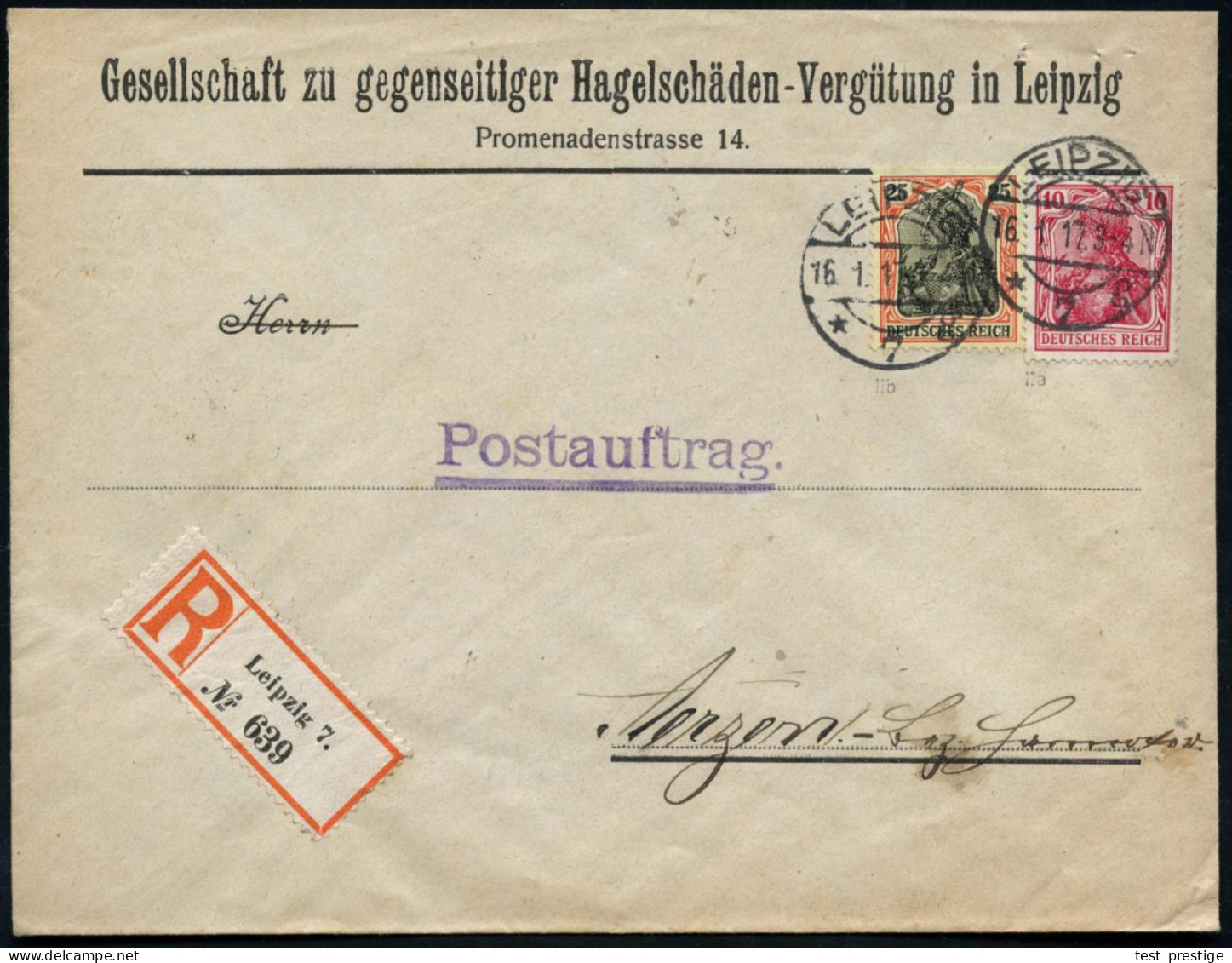 LEIPZIG/ *7g 1917 (16.1.) 1K-Brücke Auf Germania 10 Pf. U. 25 Pf. Auf Firmen-Bf.: Gesellschaft Zu Gegenseitiger Hagelsch - Clima & Meteorología