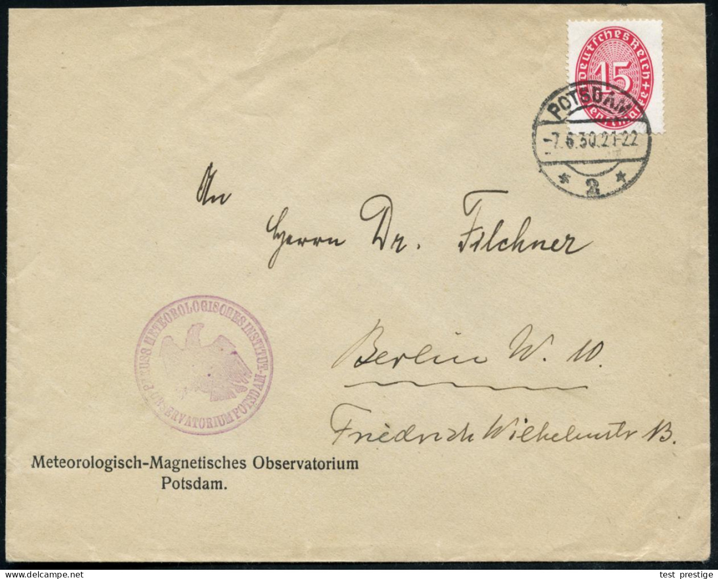 POTSDAM/ *2* 1930 (7.6.) 1K-Brücke Auf EF 15 Pf. Dienst + Viol. 1K-HdN: PREUSS. METEOROLOGISCHES INSTITUT/ OBSERVATORIUM - Clima & Meteorología