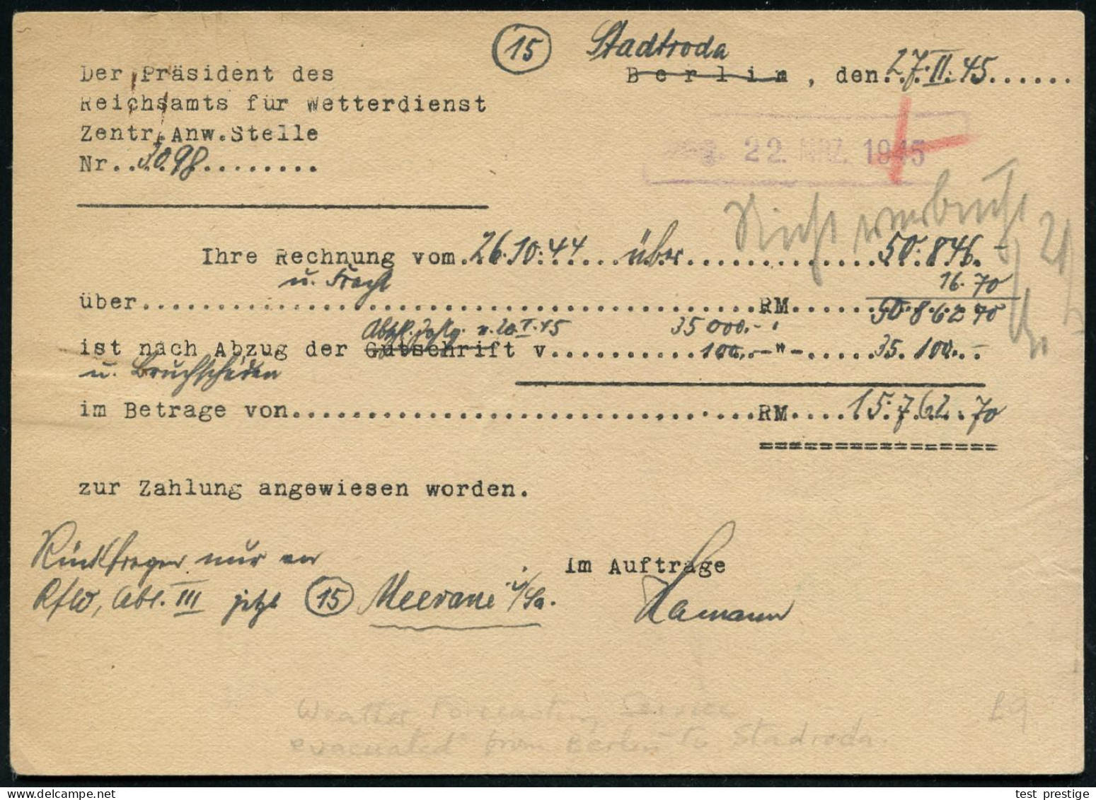 STADTRODA/ **b 1945 (28.2.) 1K-Brücke Auf Feldpost-Dienstkt.: Reichsamt Für Wetterdienst (Luftwaffe), Berlin SW 29.. = K - Klimaat & Meteorologie