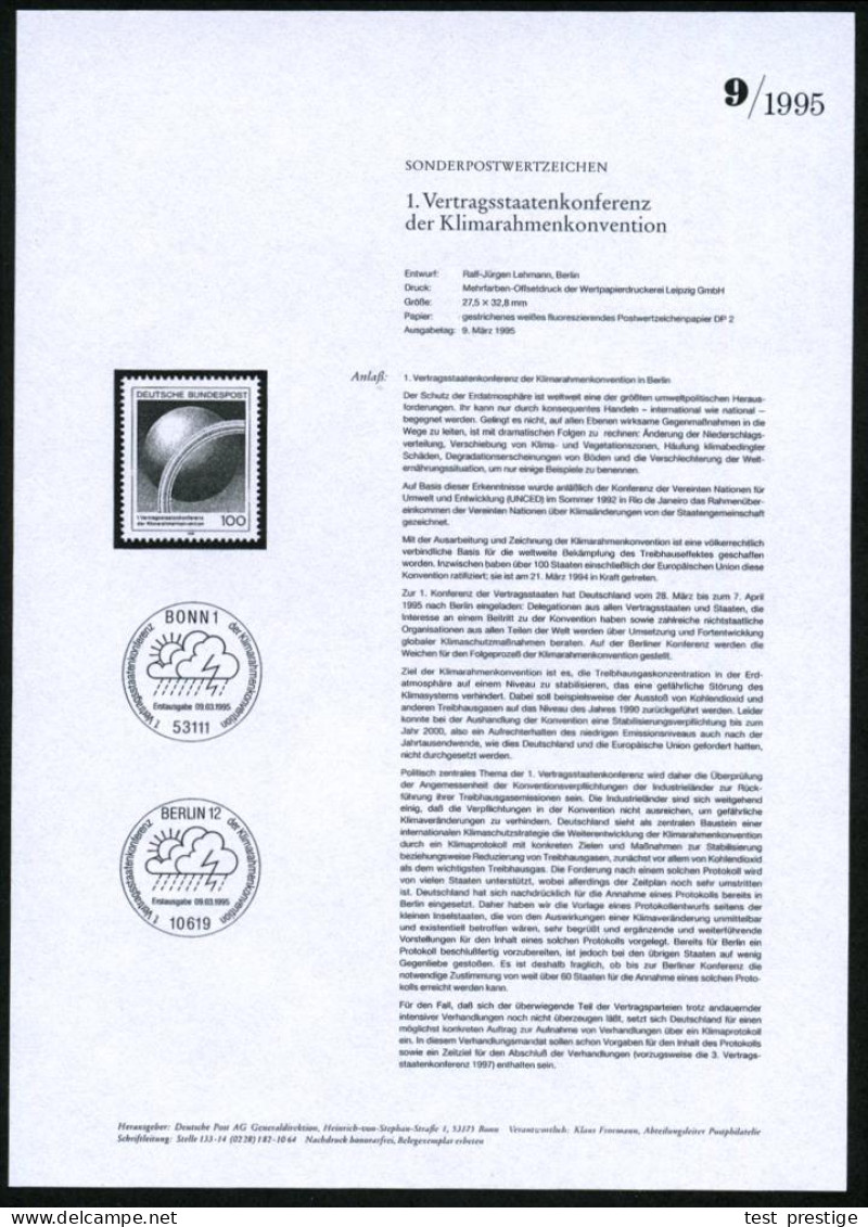 B.R.D. 1995 (März) 100 Pf. "1. Vertragsstaaten-Konferenz Klimakonvention" (Berlin) Mit Amtl. Handstempel  "M U S T E R"  - Climat & Météorologie