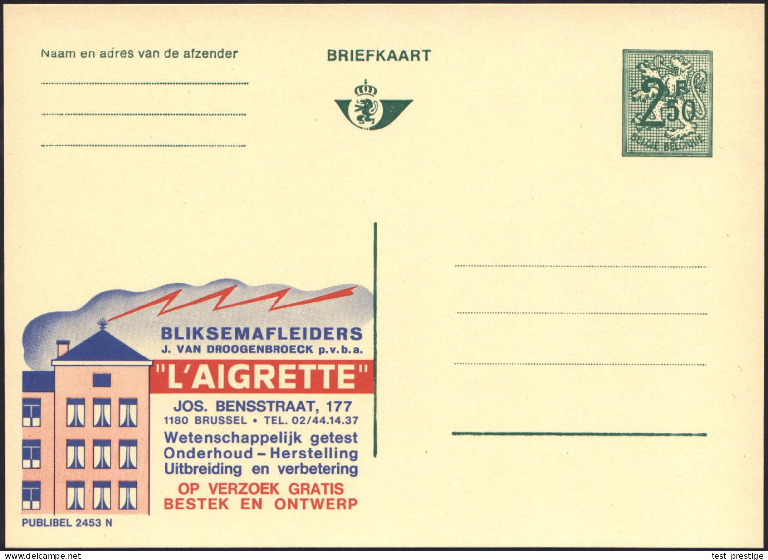 BELGIEN 1970 2,50 F. Reklame-P Ziffer, Grün: BLIKSEMAFLEIDERS "L'AIGRETTE".. = Blitz (schlägt In Haus) Fläm.Text, Ungebr - Klima & Meteorologie