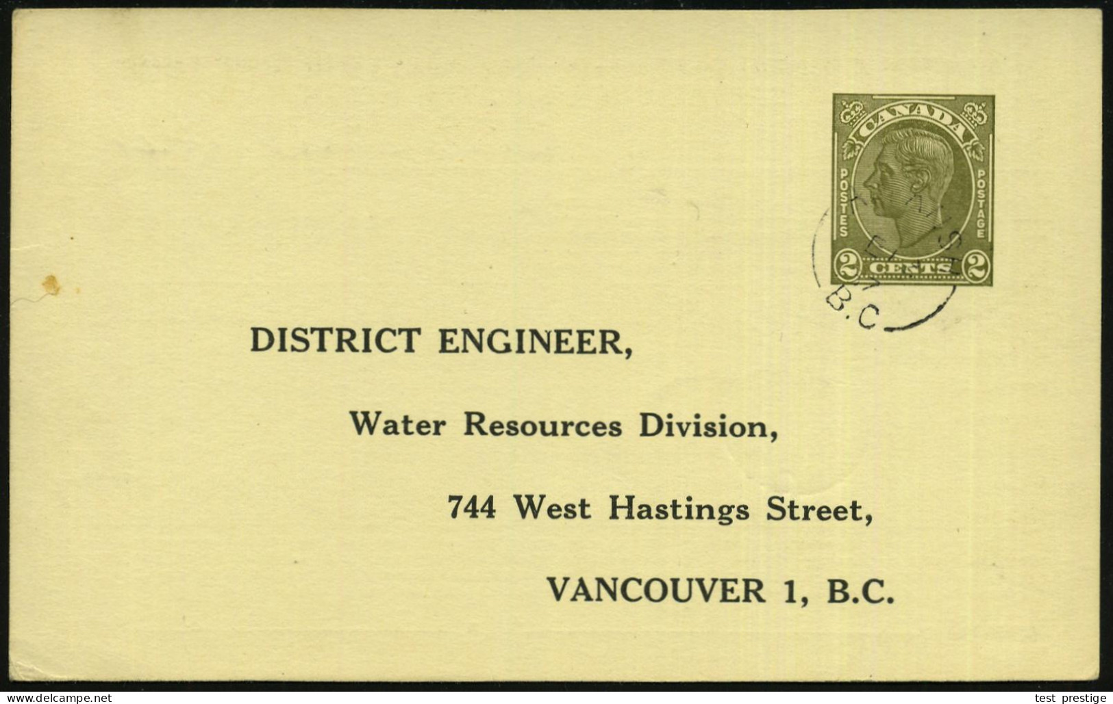 CANADA 1957 (Jan) PP 2 C. Georg VI., Oliv: Water Resources Division, VANCOUVER, Rs. Tabelle "OBERVATIONS OF WATER HIGHT" - Climat & Météorologie