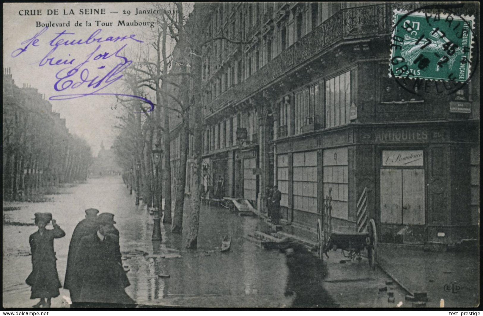 FRANKREICH 1910 (17.2.) S/w.-Foto-Ak.: Paris, Seine-Hochwasser (Blvd. De La Tour Maubourg) Rs. Frankiert (1K: PARIS 44)  - Klimaat & Meteorologie