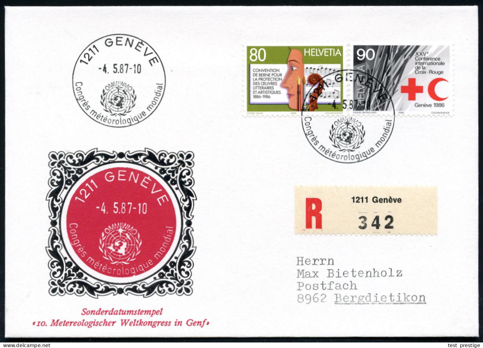 SCHWEIZ 1987 (4.5.) SSt: 1211 GENEVE/OMM WMO/Congrès Météorologique Mondial (Logo) + RZ: 1211 Genève, Inl.-R-SU.  - METE - Klima & Meteorologie