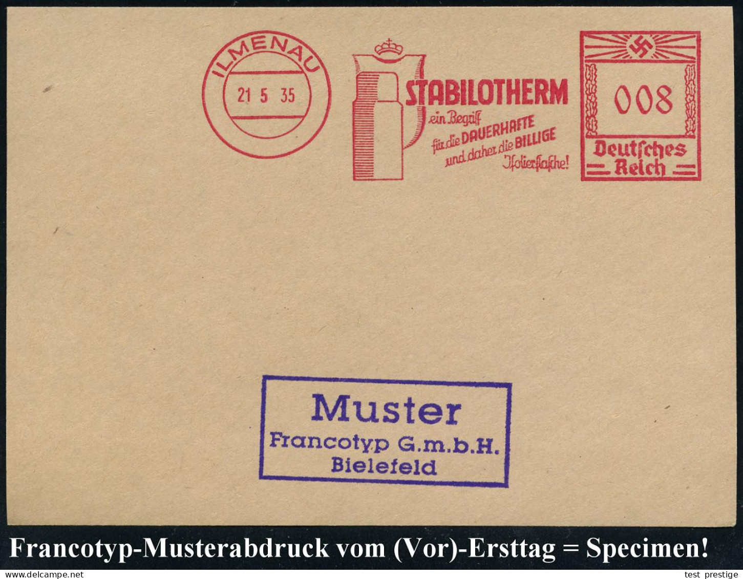 ILMENAU/ STABILOTHERM/ ..die BILLIGE/ Jsolierflasche 1935 (21.5.) AFS-Musterabdruck Francotyp "Hakenkreuz" (= Thermoskan - Otros